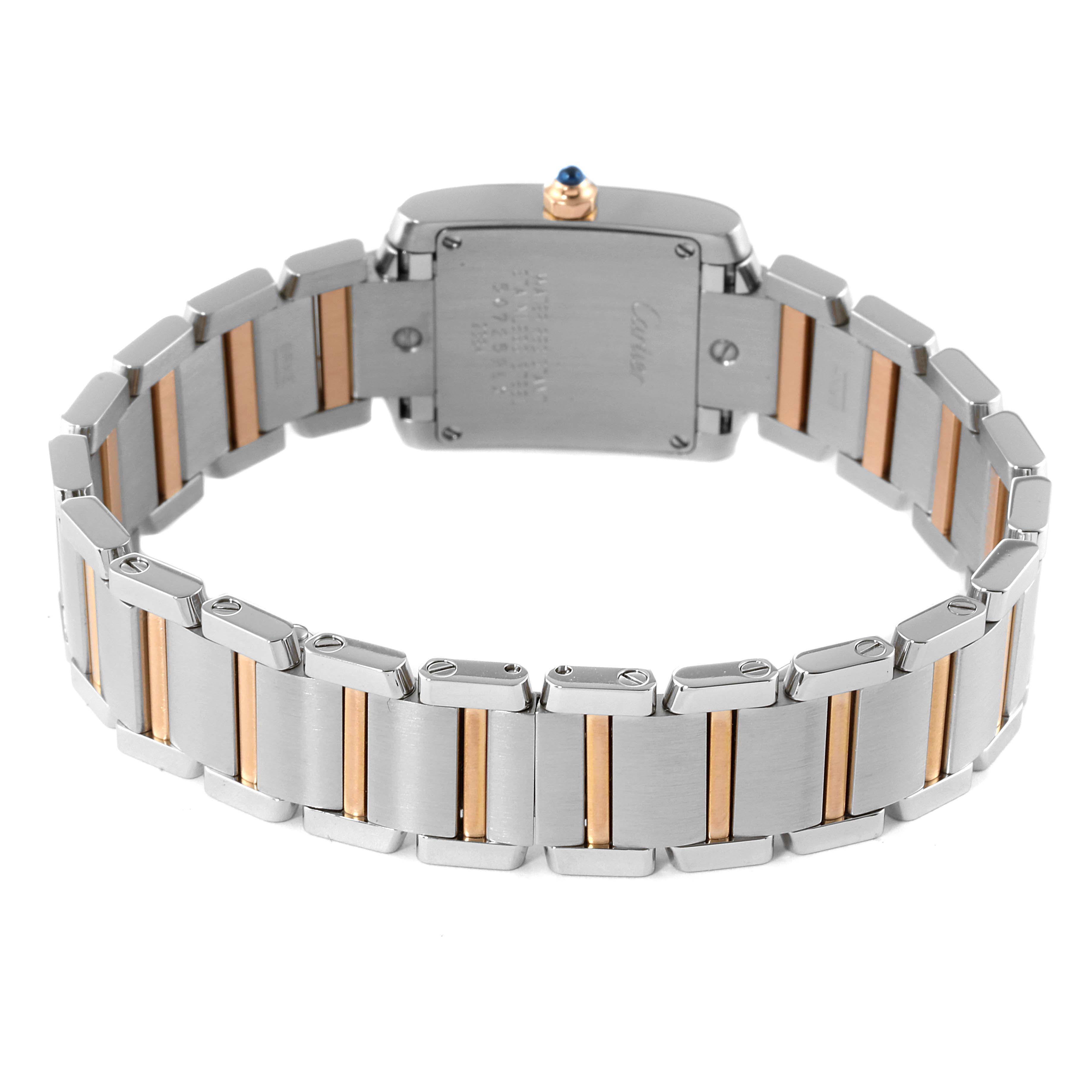 This image shows the back view of the Cartier Tank Francaise W51027Q4 Women's Steel and Gold (two tone) Mother of Pearl Dial W51027Q4 Women's Steel and Gold (two tone) Mother of Pearl Dial watch, highlighting the bracelet with gold and silver links.