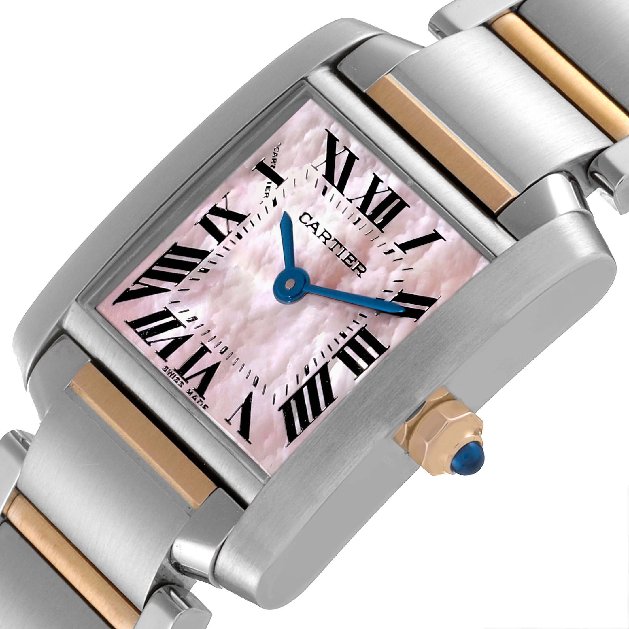 This image shows a close-up of the Cartier Tank Francaise W51027Q4 Women's Steel and Gold (two tone) Mother of Pearl Dial W51027Q4 Women's Steel and Gold (two tone) Mother of Pearl Dial watch, highlighting the face, crown, and part of the bracelet.