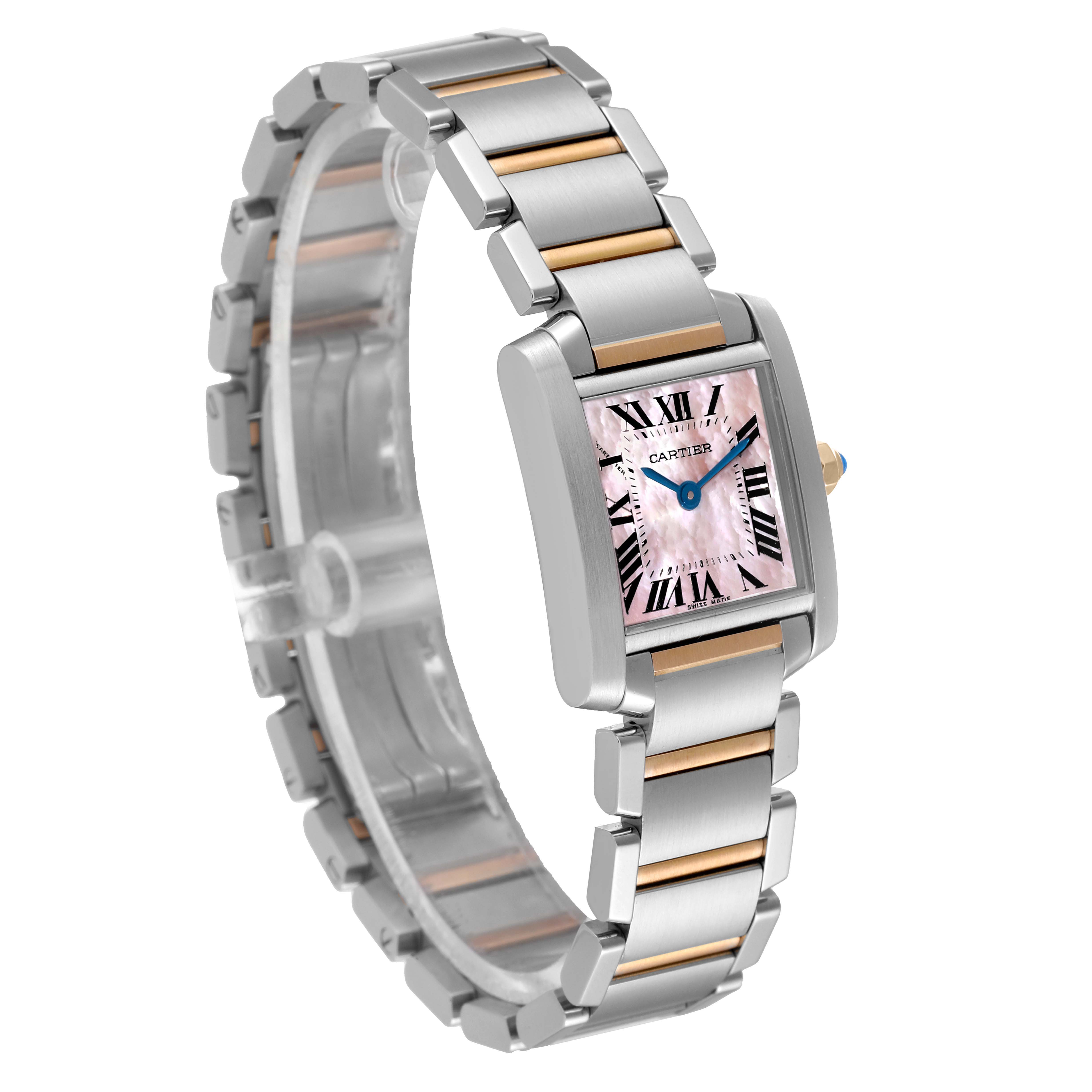 The image shows a front and slight side angle of a Cartier Tank Francaise W51027Q4 Women's Steel and Gold (two tone) Mother of Pearl Dial W51027Q4 Women's Steel and Gold (two tone) Mother of Pearl Dial watch, highlighting its band and face.