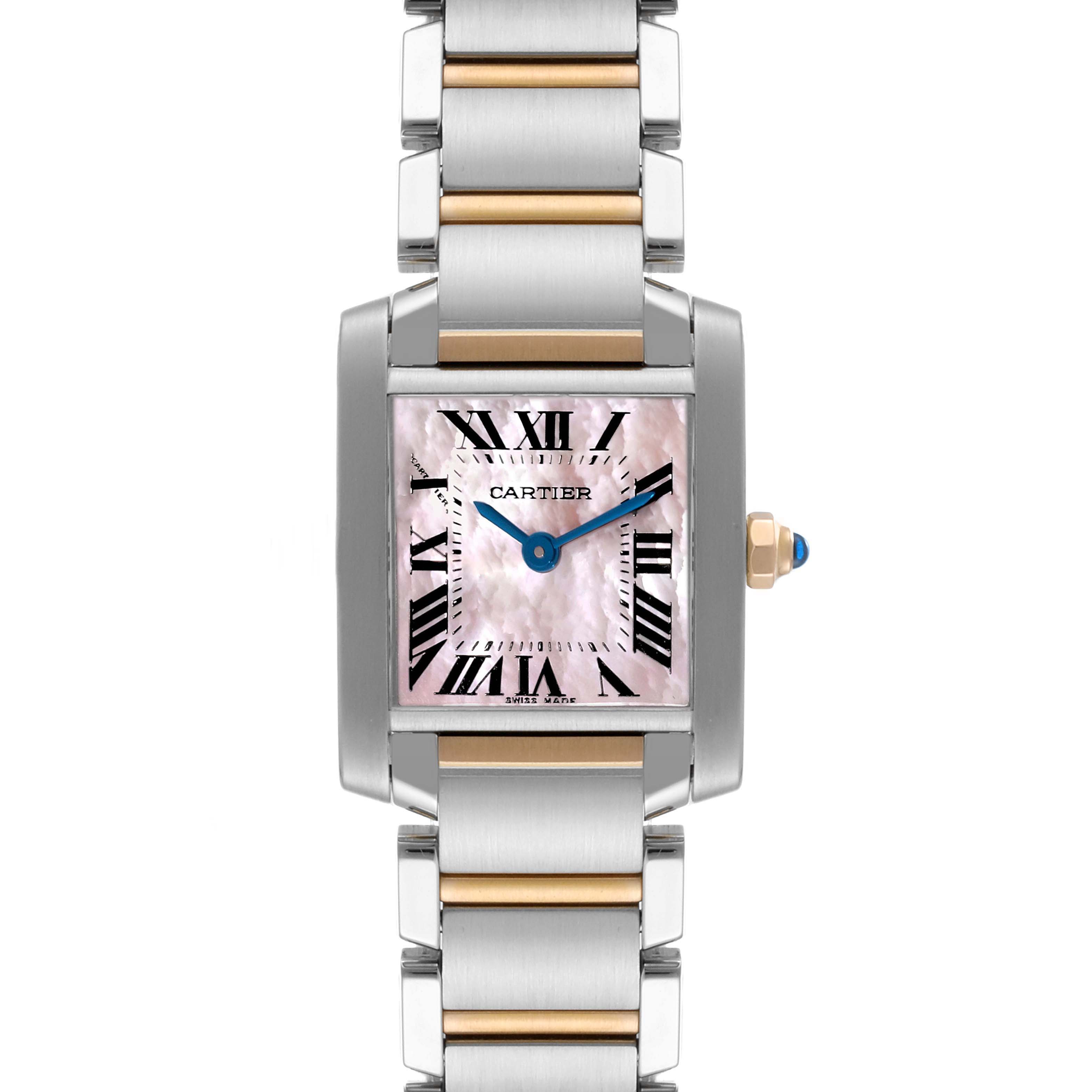 The image shows a front view of a Tank Francaise model watch by Cartier, highlighting its square face, Roman numerals, and two-tone metal bracelet.