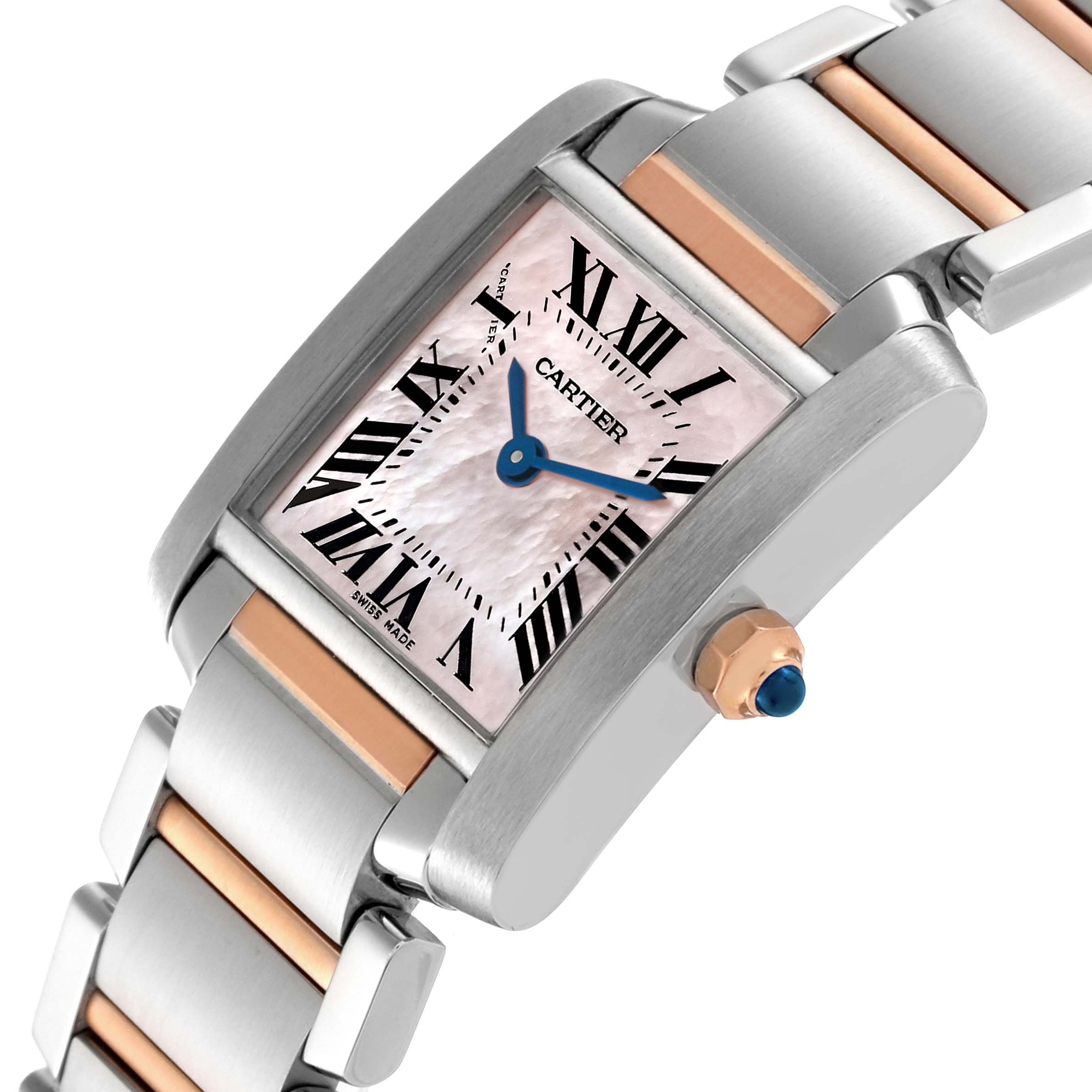 The image shows a close-up, angled view of the Cartier Tank Francaise W51027Q4 Women's Steel and Gold (two tone) Mother of Pearl Dial W51027Q4 Women's Steel and Gold (two tone) Mother of Pearl Dial watch, highlighting its dial, case, and part of the bracelet.