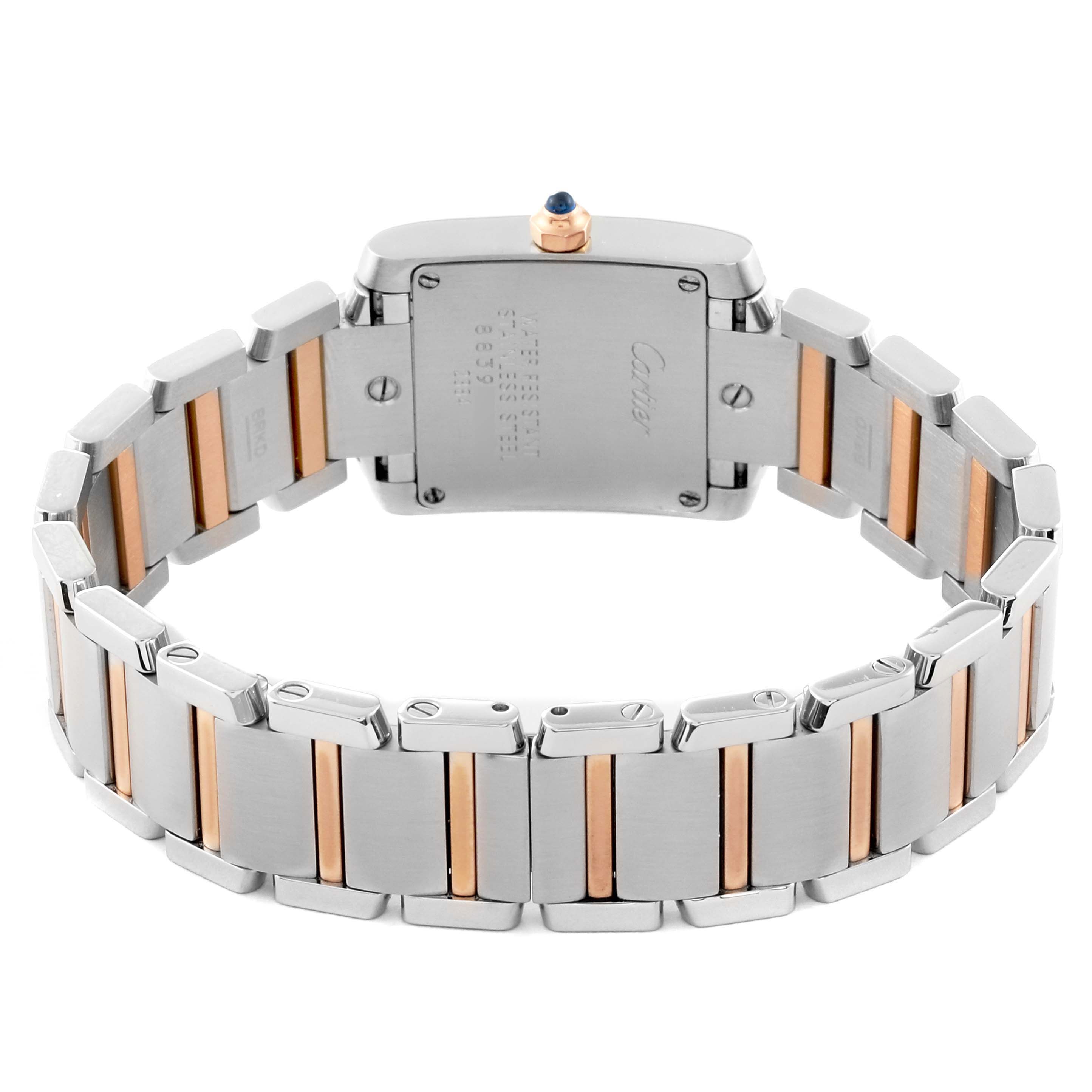 The image shows the back view of the Cartier Tank Francaise W51027Q4 Women's Steel and Gold (two tone) Mother of Pearl Dial W51027Q4 Women's Steel and Gold (two tone) Mother of Pearl Dial watch, highlighting its metal bracelet and clasp.