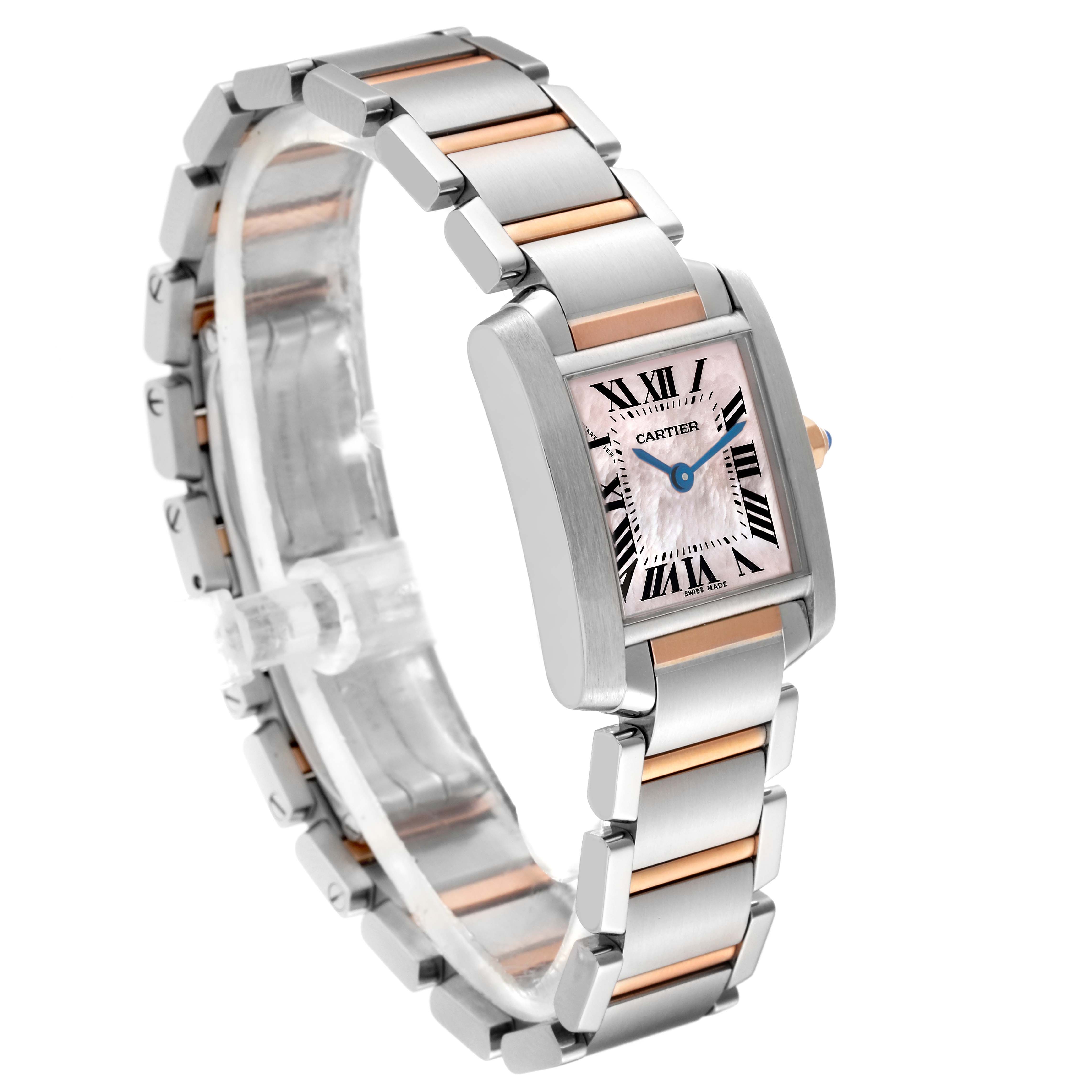 This Tank Francaise Cartier watch is shown at a slight angle, displaying its bezel, face, and bracelet.