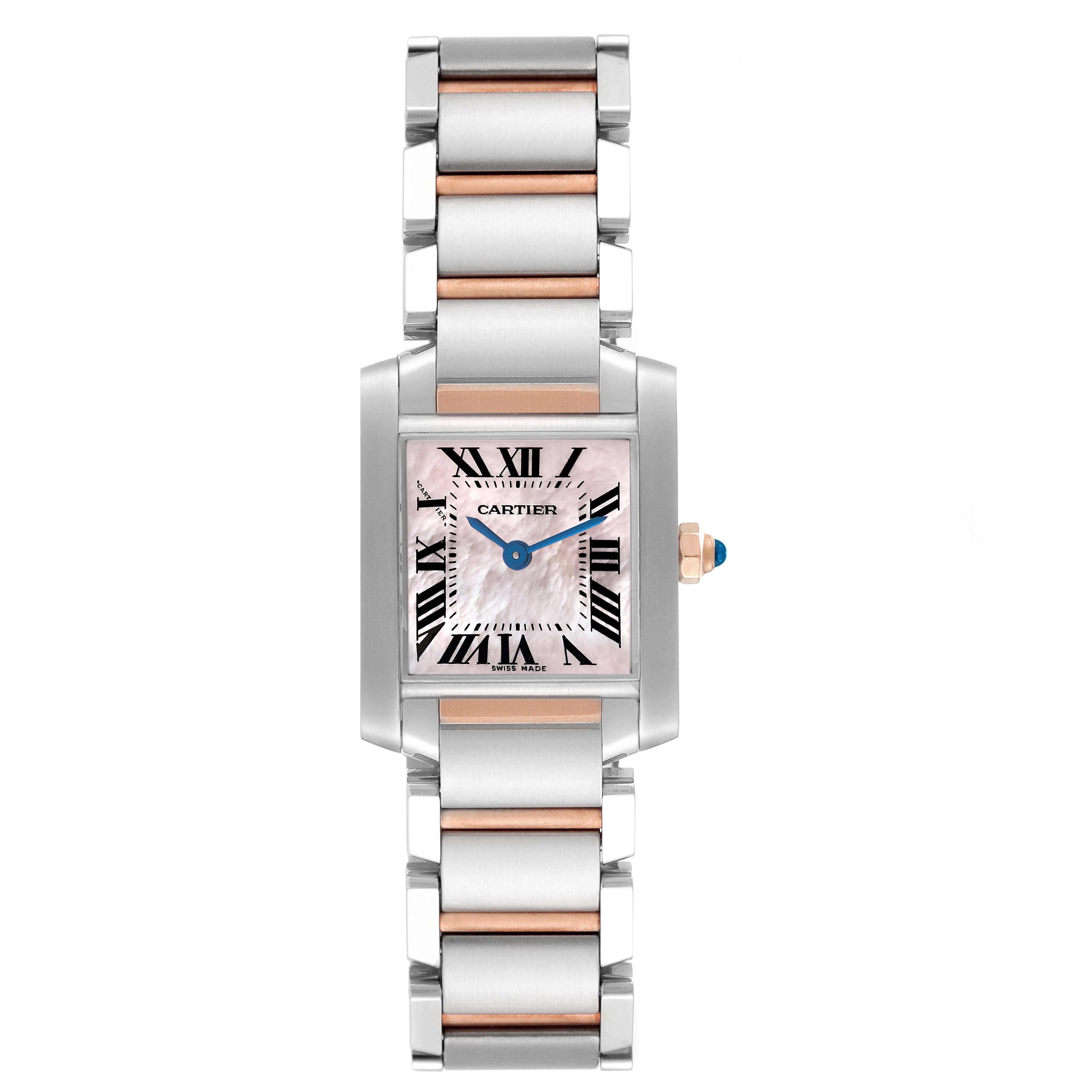 The image shows a Cartier Tank Française watch from a front view, highlighting the face, bezel, and bracelet with mixed metal accents.