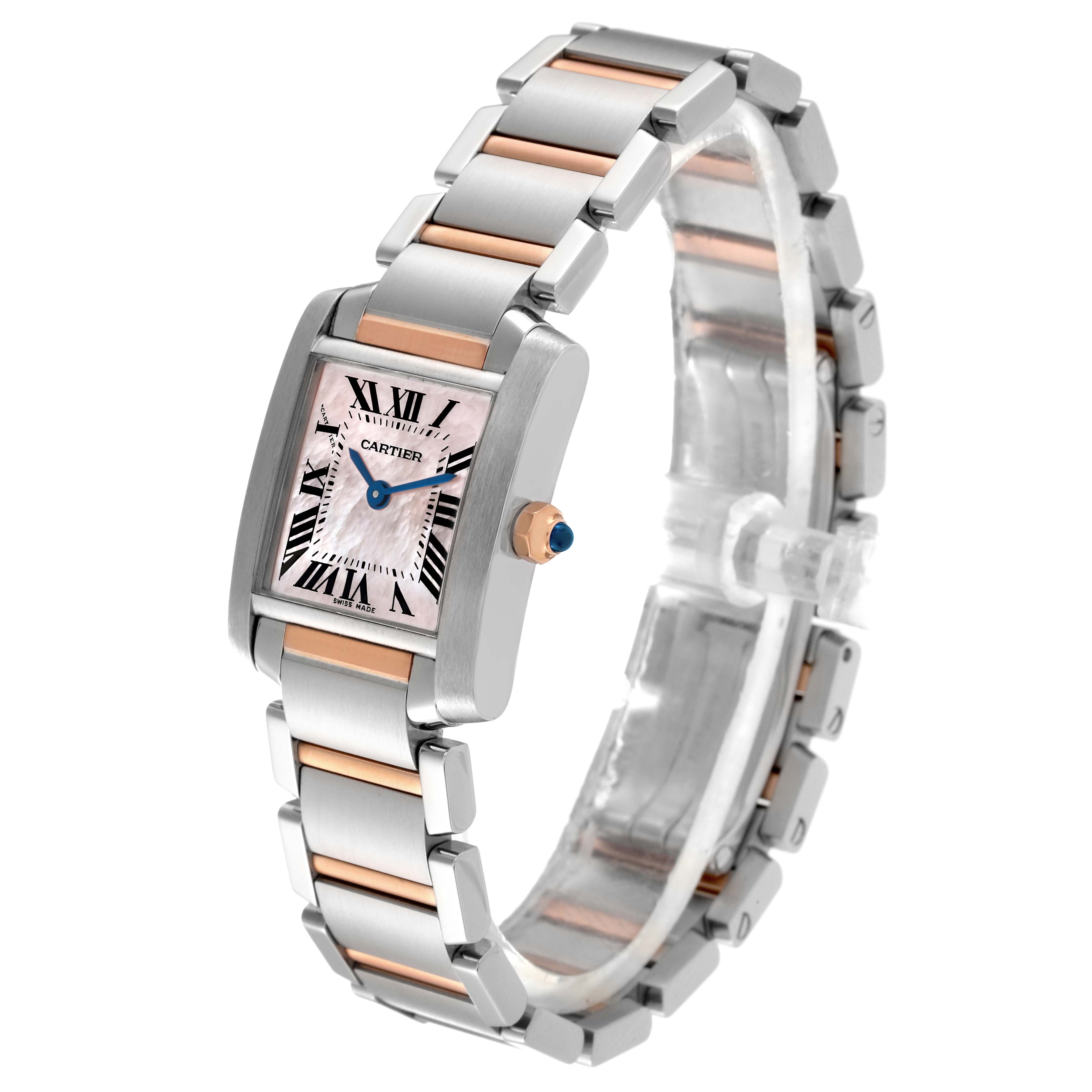 The image shows a Cartier Tank Francaise W51027Q4 Women's Steel and Gold (two tone) Mother of Pearl Dial W51027Q4 Women's Steel and Gold (two tone) Mother of Pearl Dial watch at a slight angle, highlighting the rectangular face, blue hands, and two-tone metal bracelet.