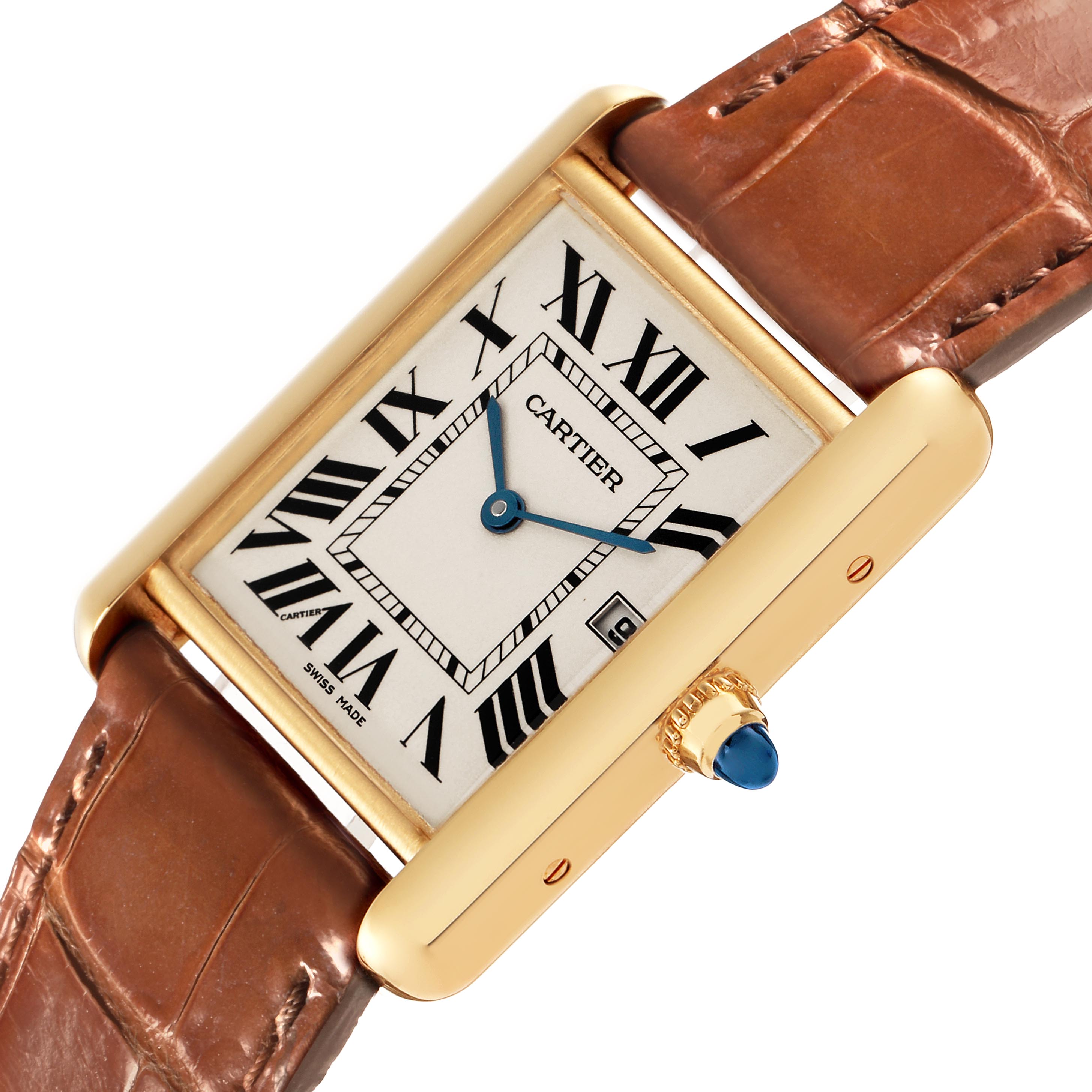 The Cartier Tank Louis W1529756 Men's Yellow Gold Silver Dial W1529756 Men's Yellow Gold Silver Dial watch is shown at an angle highlighting the rectangular face, gold casing, and brown leather strap.
