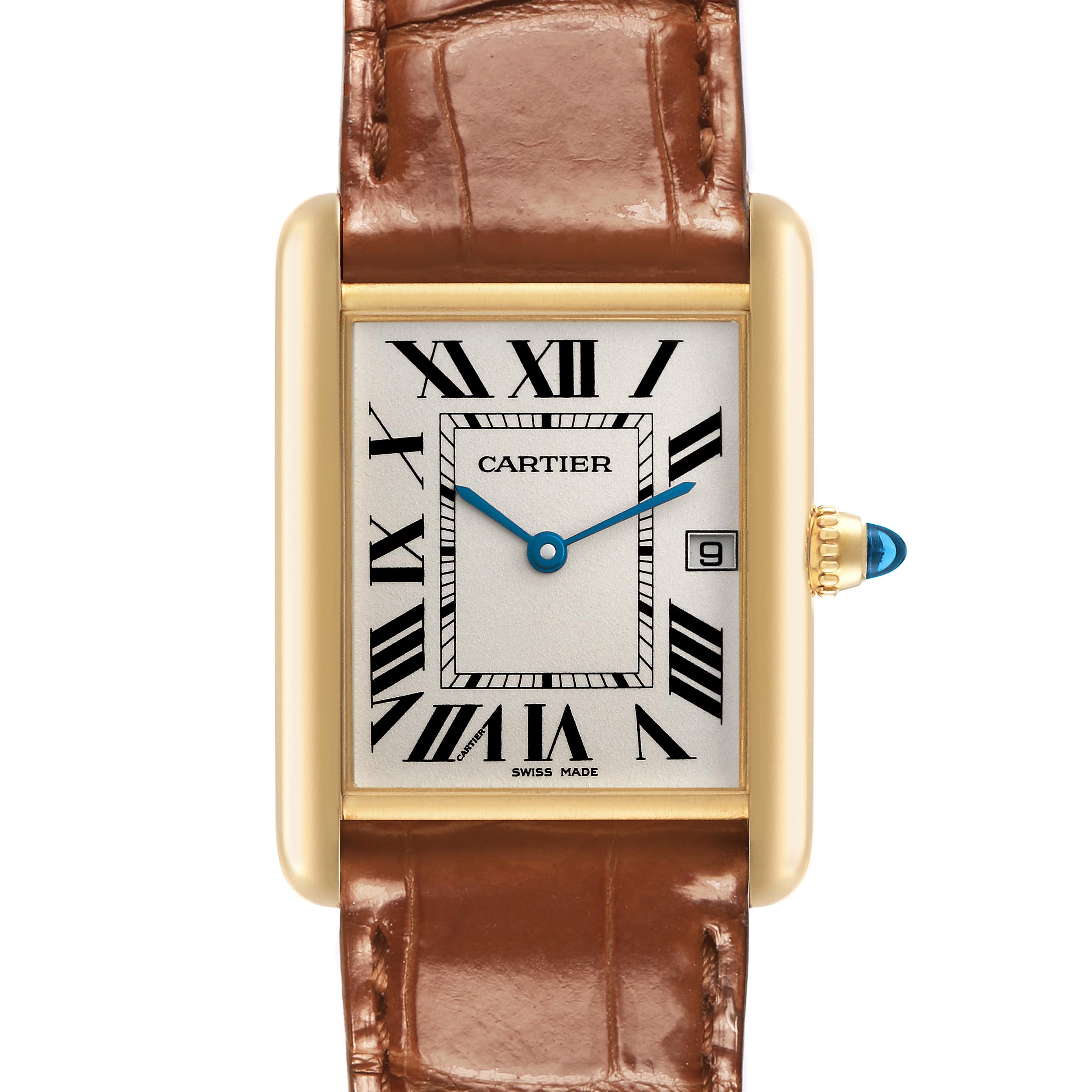 The Cartier Tank Louis W1529756 Men's Yellow Gold Silver Dial W1529756 Men's Yellow Gold Silver Dial watch is shown from the front, highlighting its rectangular case, Roman numerals, and brown leather strap.