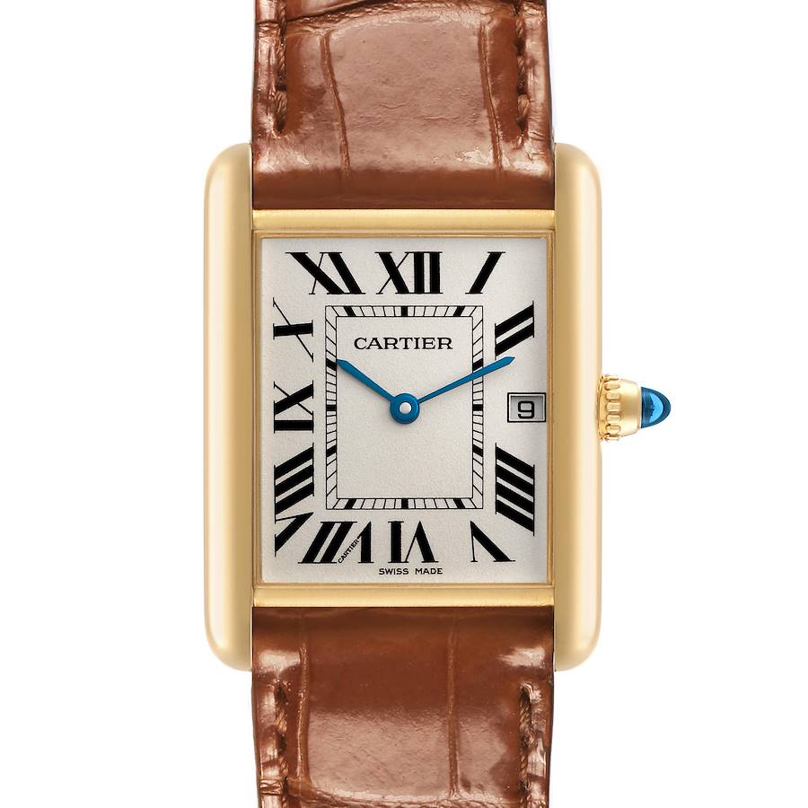The Cartier Tank Louis watch is shown from the front, highlighting its rectangular case, Roman numerals, and brown leather strap.