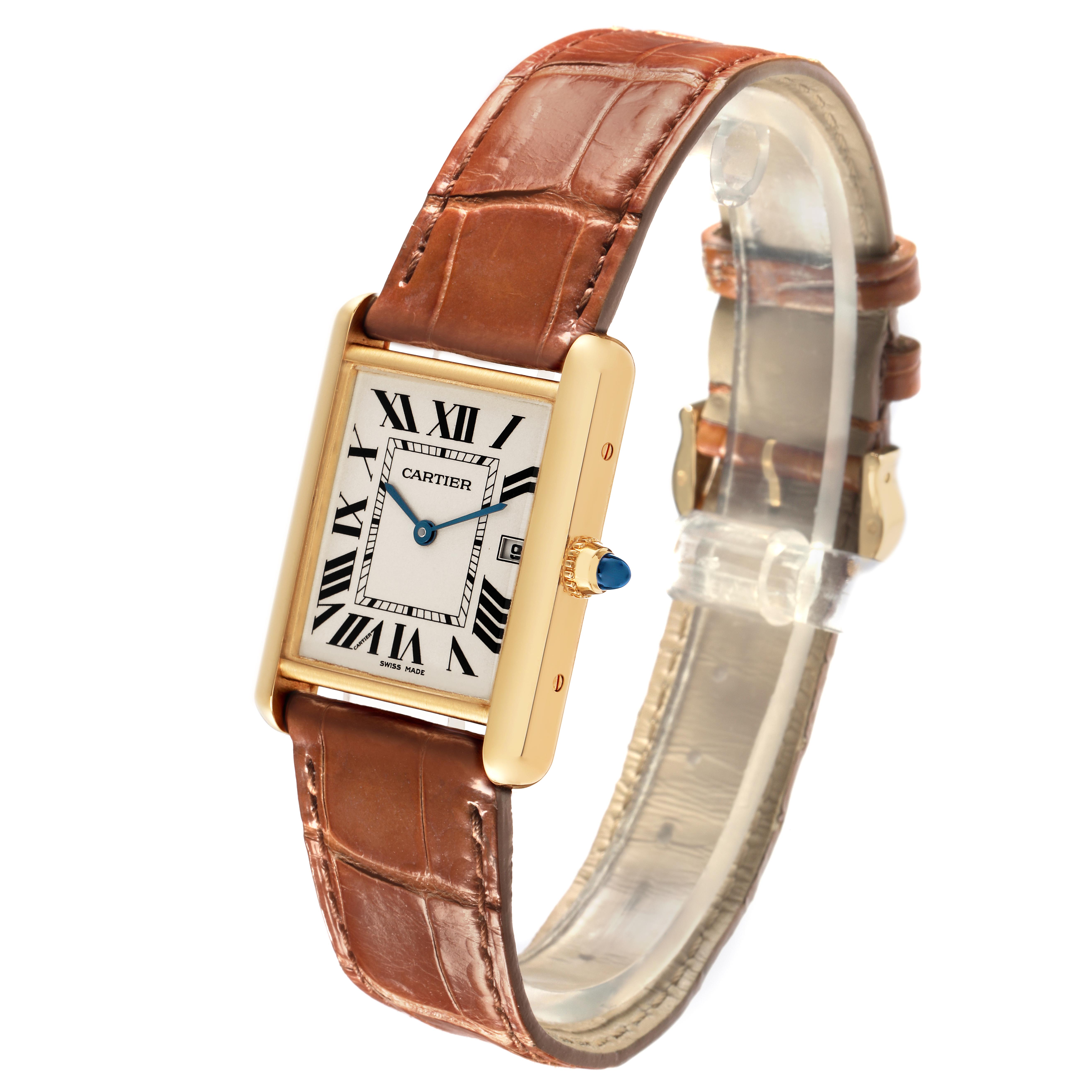 The Cartier Tank Louis W1529756 Men's Yellow Gold Silver Dial W1529756 Men's Yellow Gold Silver Dial watch is shown at a slight angle, featuring the face, case, crown, and brown leather strap.