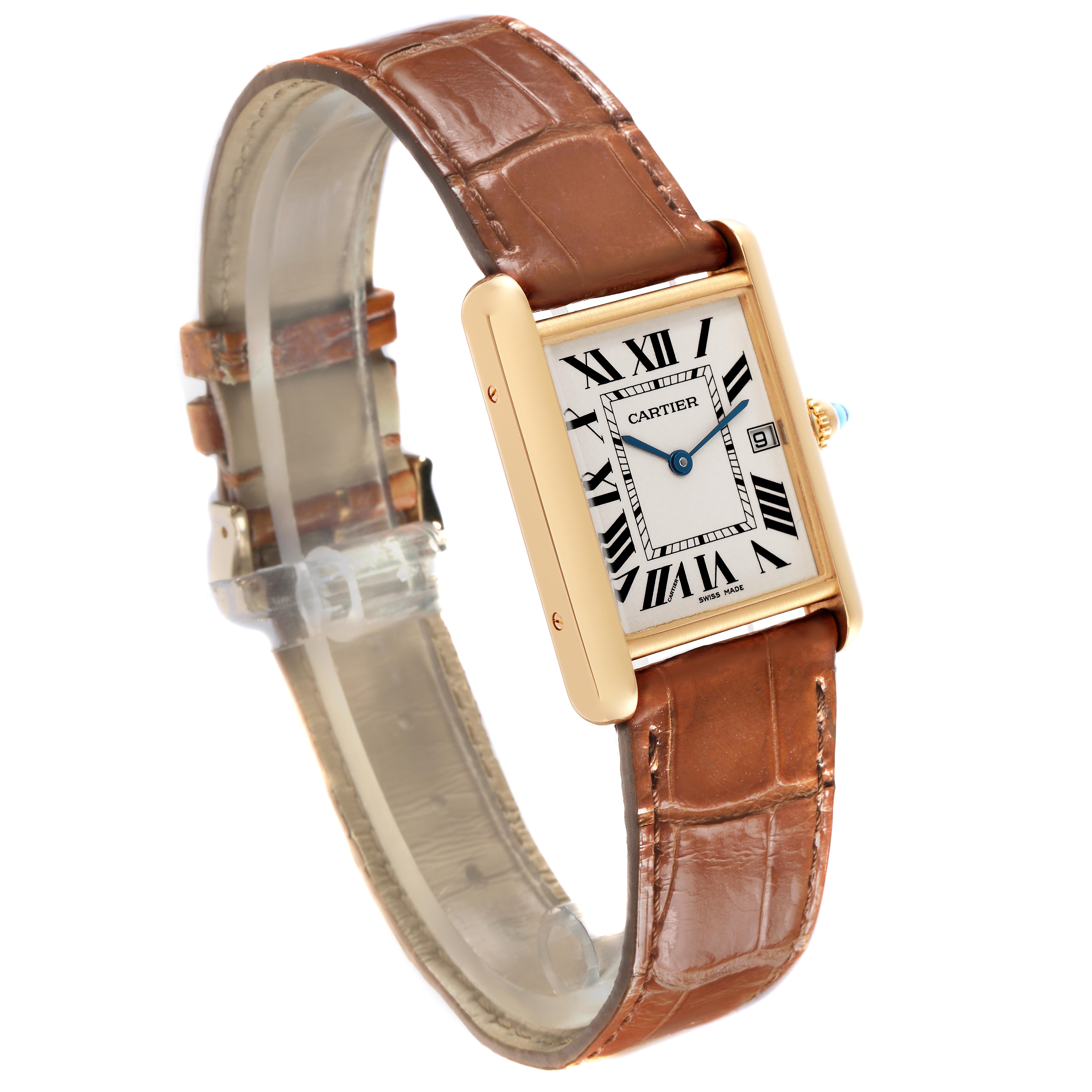 The Cartier Tank Louis W1529756 Men's Yellow Gold Silver Dial W1529756 Men's Yellow Gold Silver Dial watch is shown at a three-quarter angle, displaying its rectangular face, Roman numerals, and leather strap.