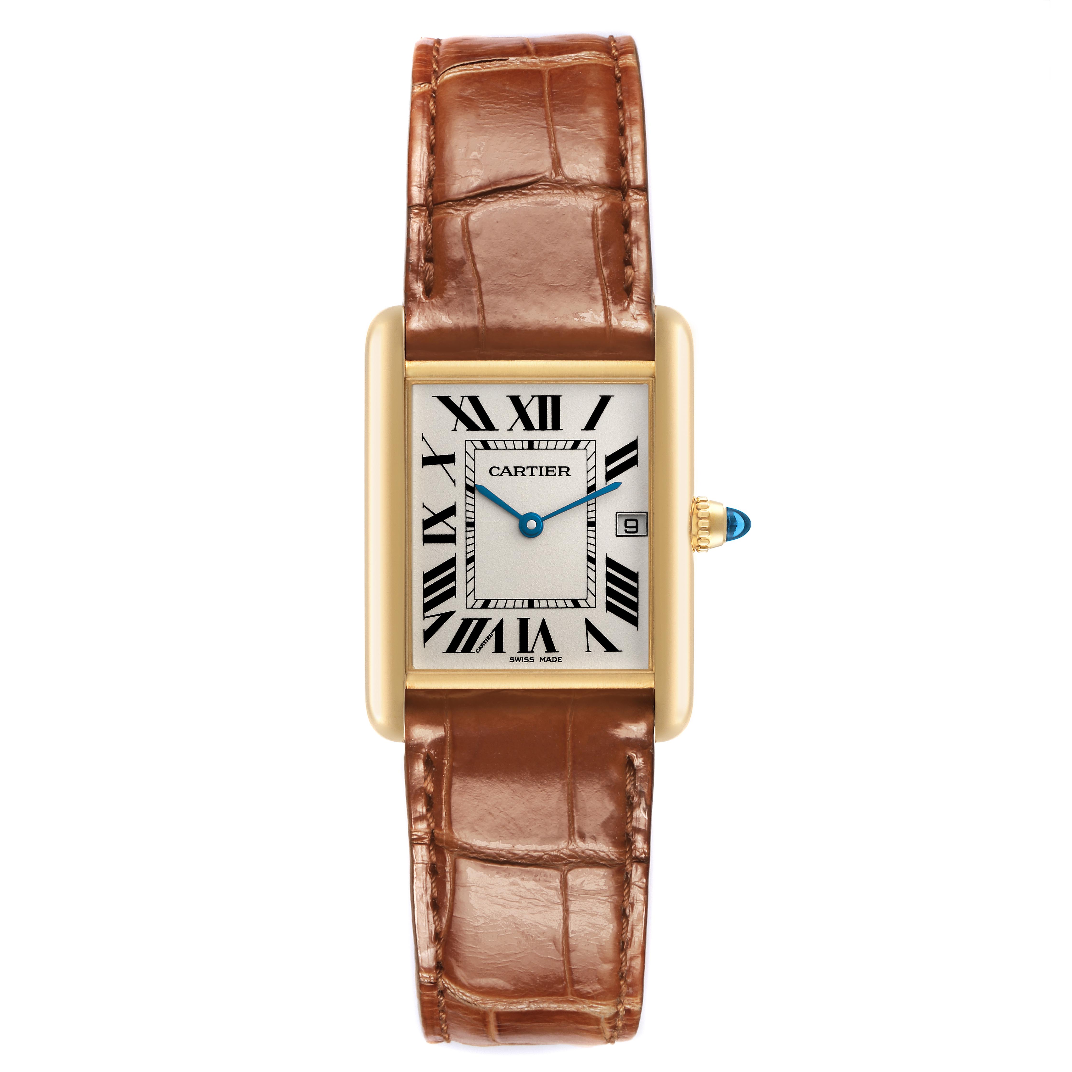 The image shows a front view of the Cartier Tank Louis W1529756 Men's Yellow Gold Silver Dial W1529756 Men's Yellow Gold Silver Dial watch, displaying its face, hands, and a leather strap.