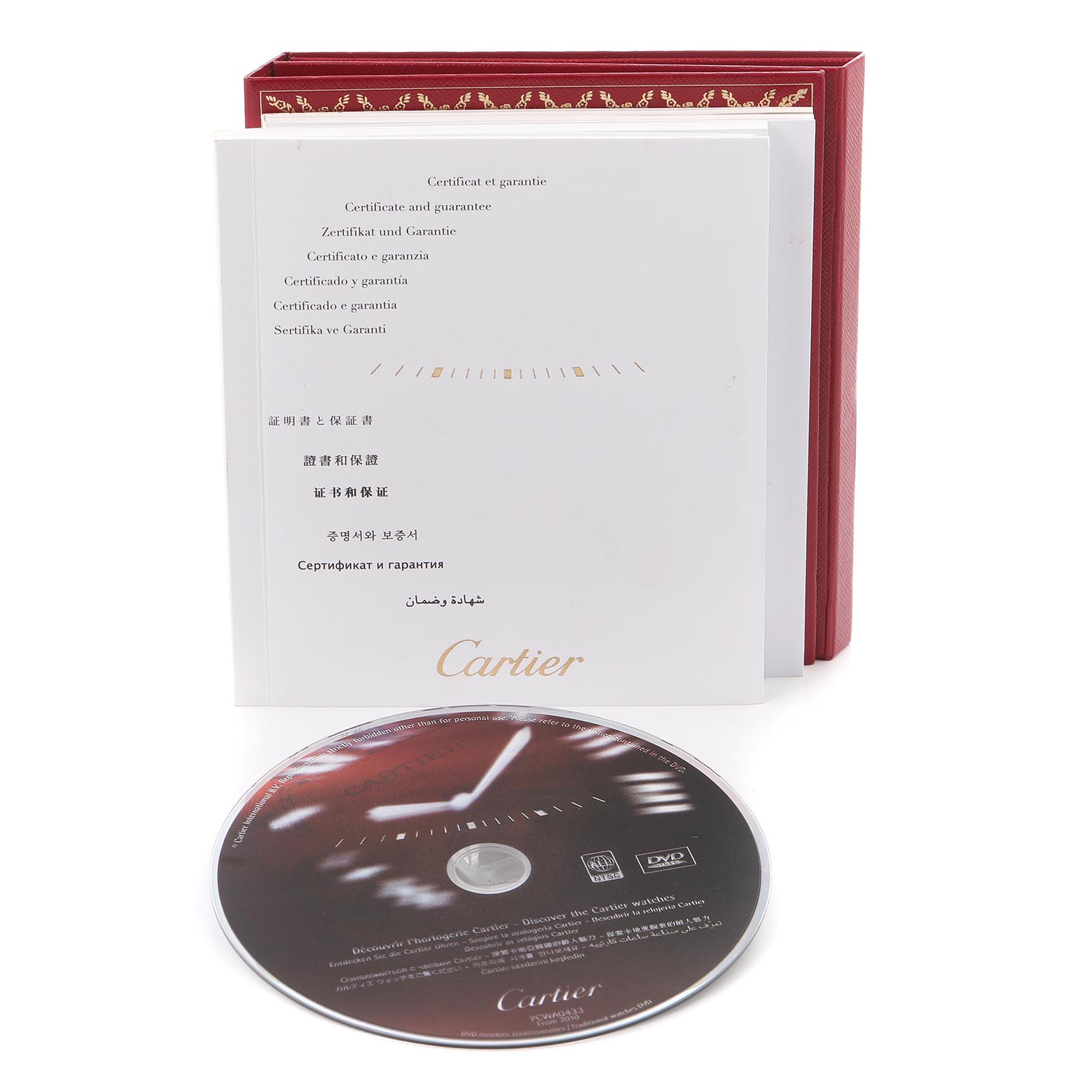 The image shows the Tank Louis by Cartier's manuals and a DVD, viewed from the front.