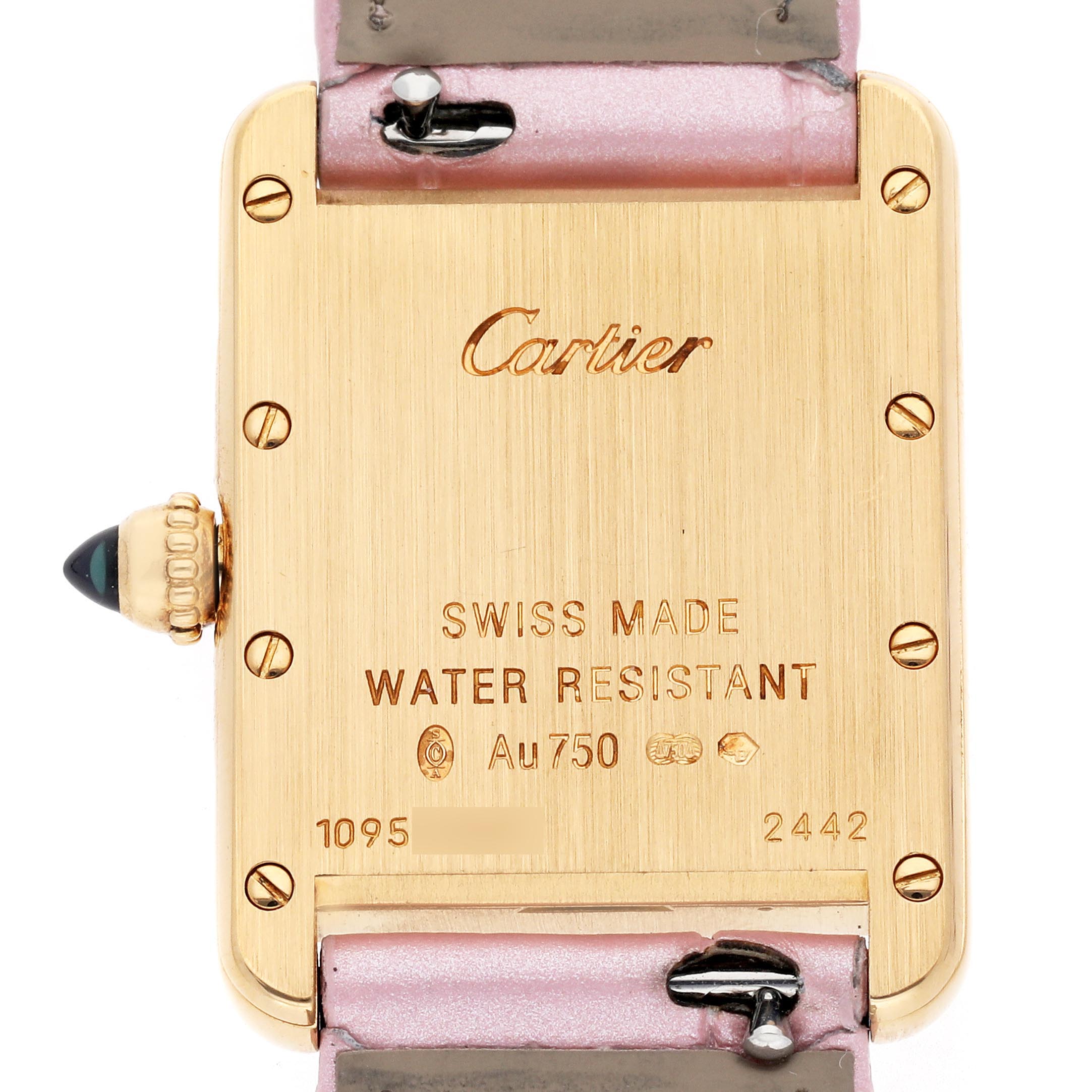 The image shows the back case of a Cartier Tank Louis W1529856 Women's Yellow Gold Silver Dial W1529856 Women's Yellow Gold Silver Dial watch, highlighting its inscriptions and crown detail.
