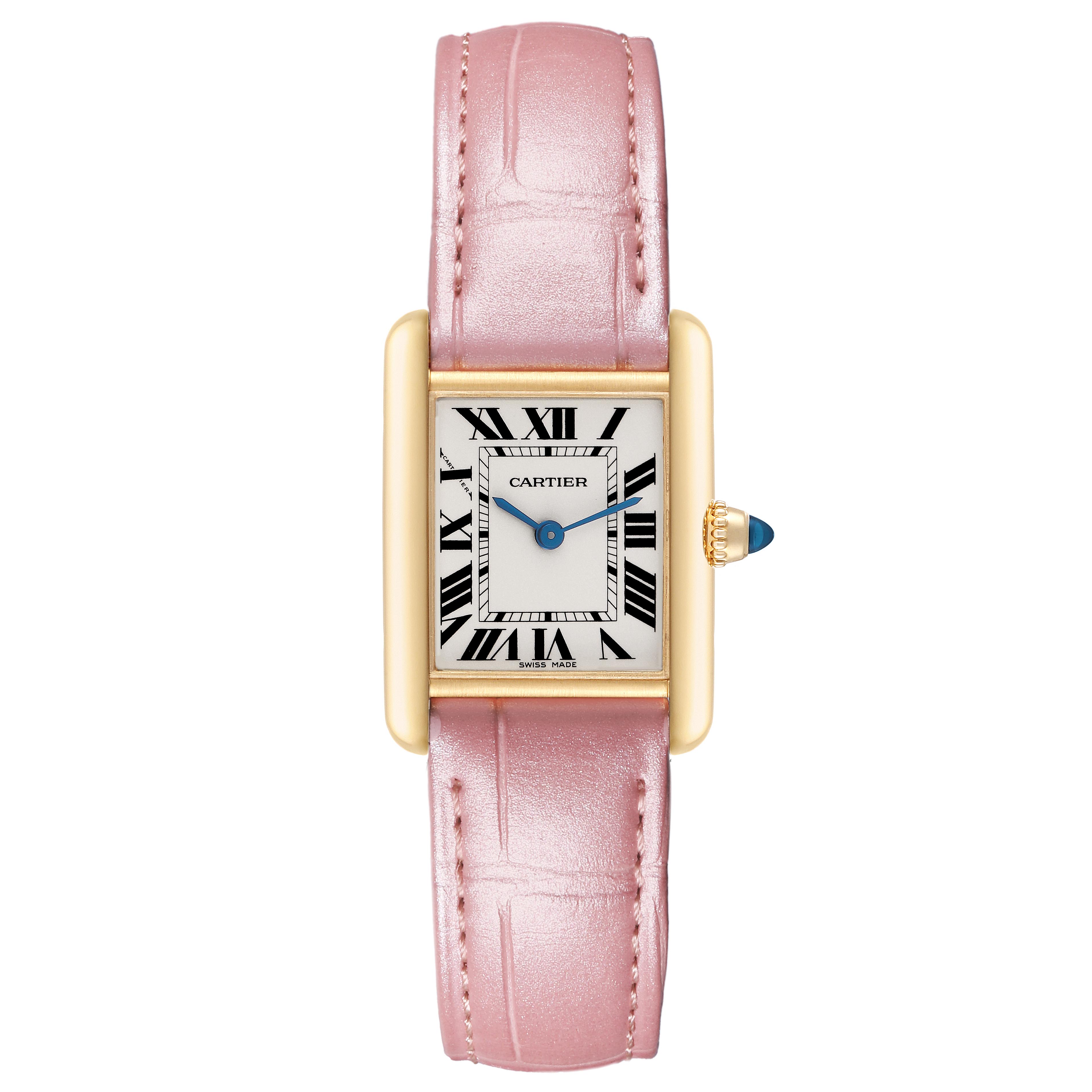 The Cartier Tank Louis W1529856 Women's Yellow Gold Silver Dial W1529856 Women's Yellow Gold Silver Dial watch is shown from the front, highlighting its pink strap, rectangular dial, and Roman numerals.