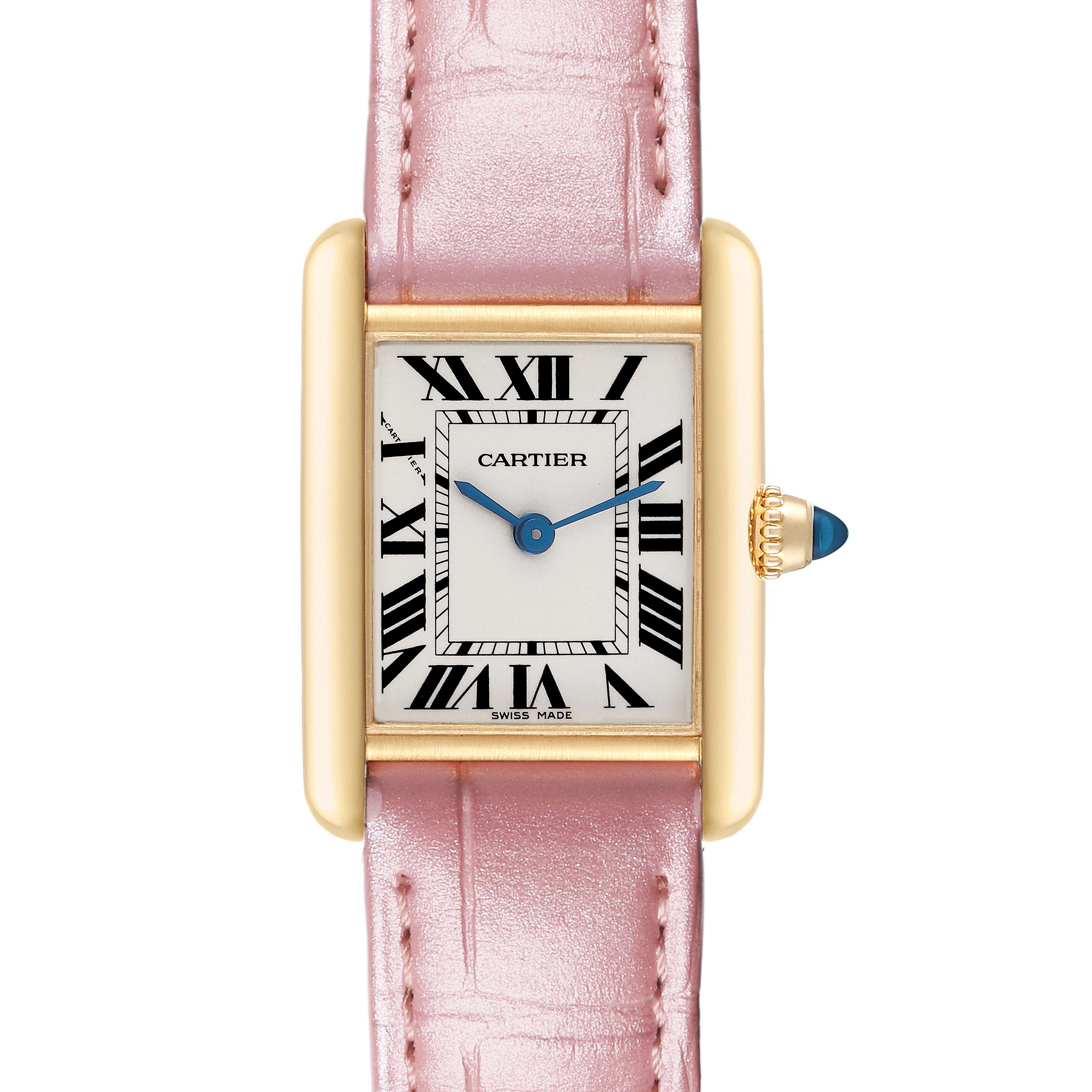 The Cartier Tank Louis W1529856 Women's Yellow Gold Silver Dial W1529856 Women's Yellow Gold Silver Dial watch is shown from a front angle, featuring its rectangular face, Roman numerals, and pink strap.