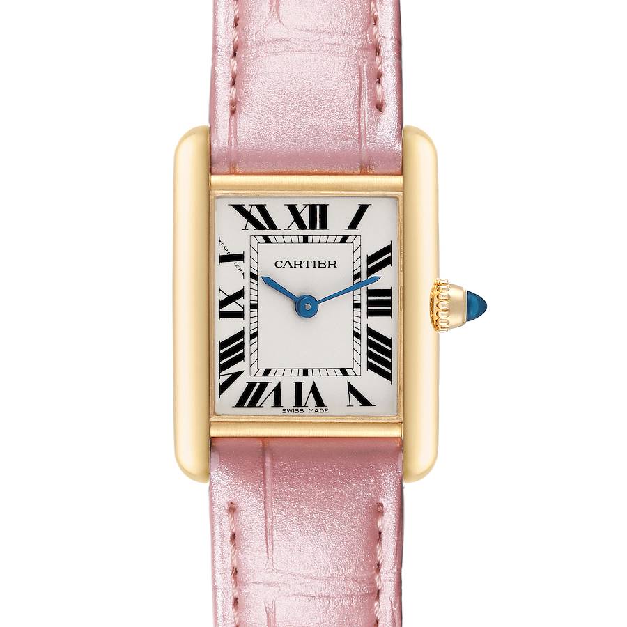 The Cartier Tank Louis watch is shown from a front angle, featuring its rectangular face, Roman numerals, and pink strap.