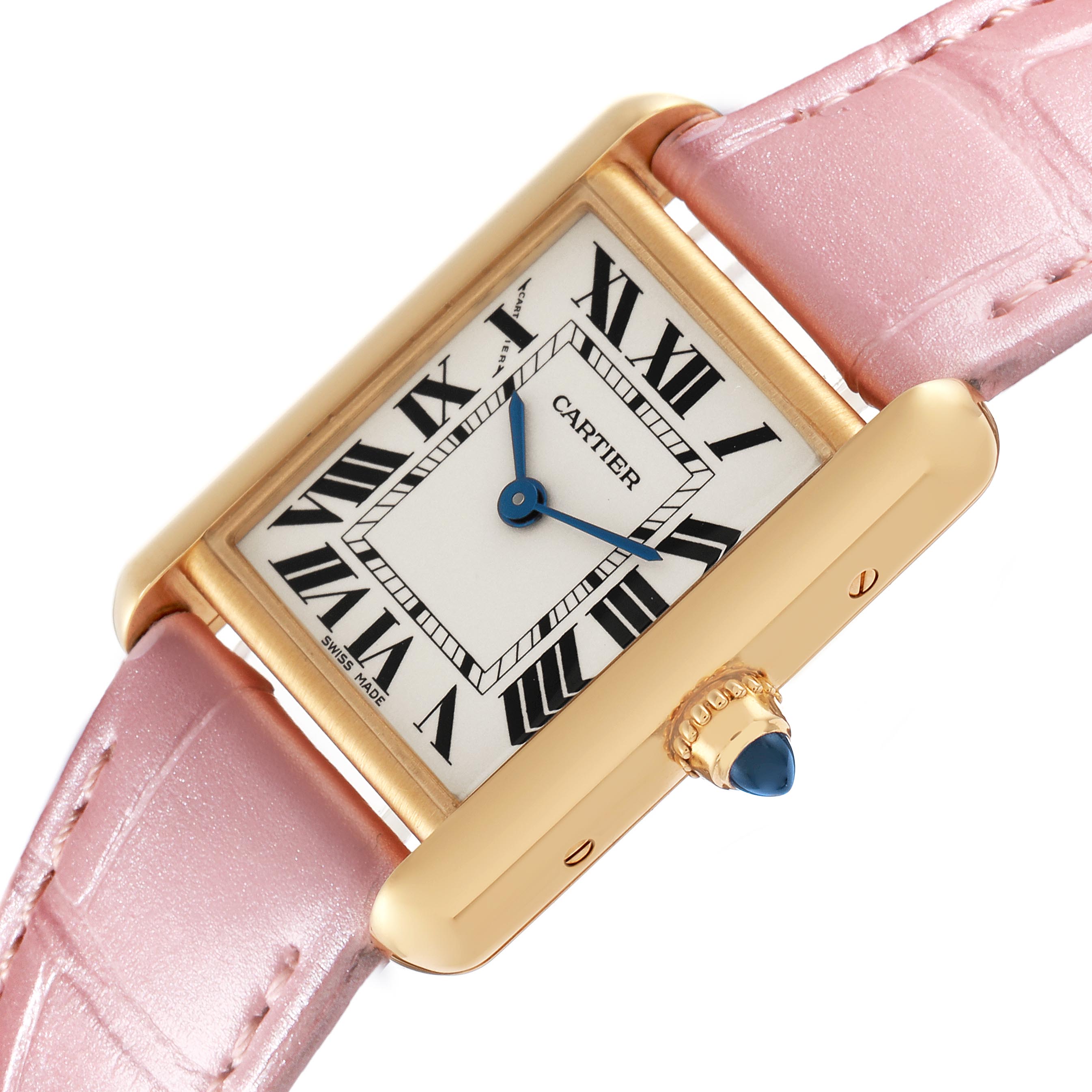 The Cartier Tank Louis W1529856 Women's Yellow Gold Silver Dial W1529856 Women's Yellow Gold Silver Dial watch is shown at a tilted angle displaying its rectangular case, Roman numeral dial, and pink strap.