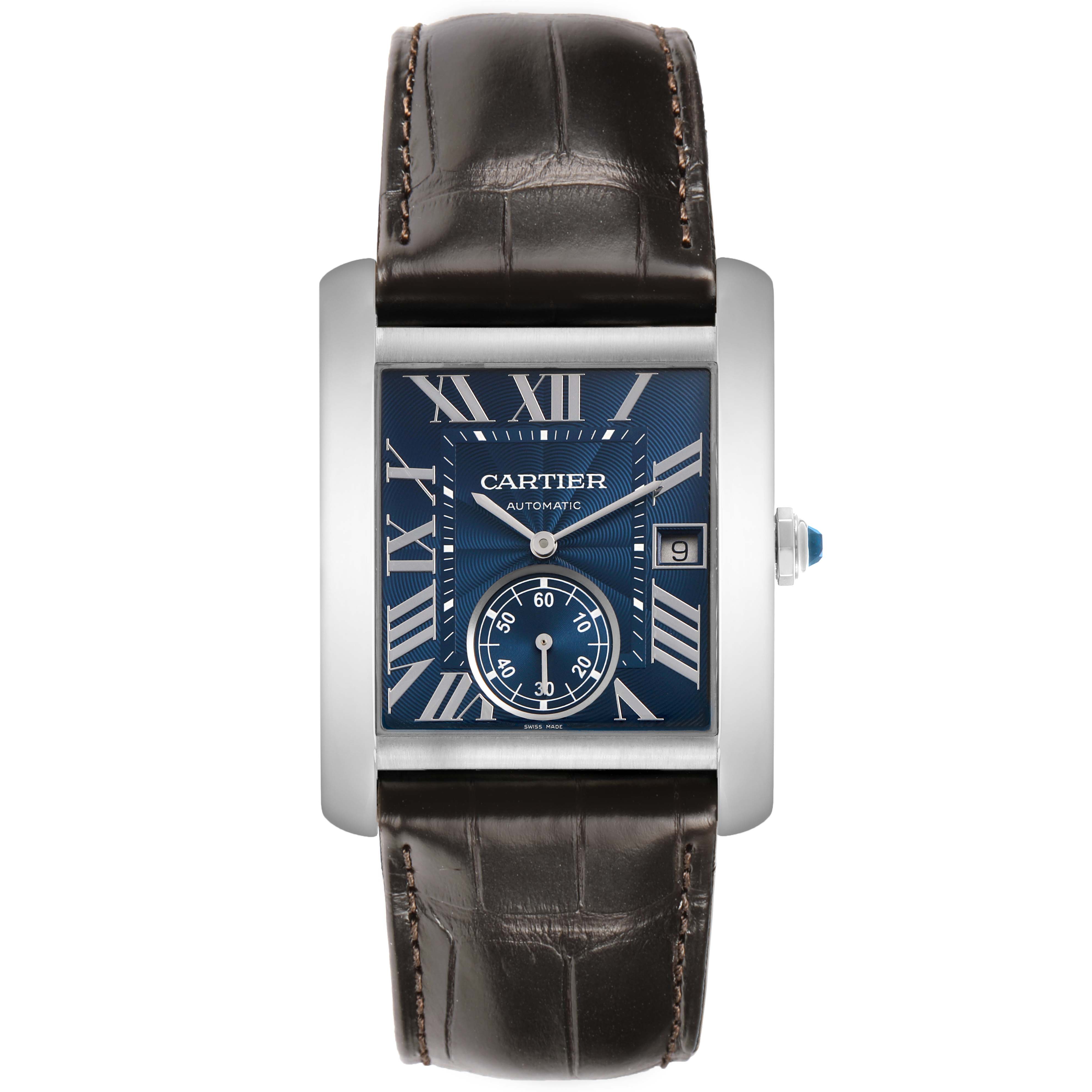 The Cartier Tank MC WSTA0010 Men's Stainless Steel Blue Dial watch is shown from a front angle, highlighting the dial, case, crown, and leather strap.