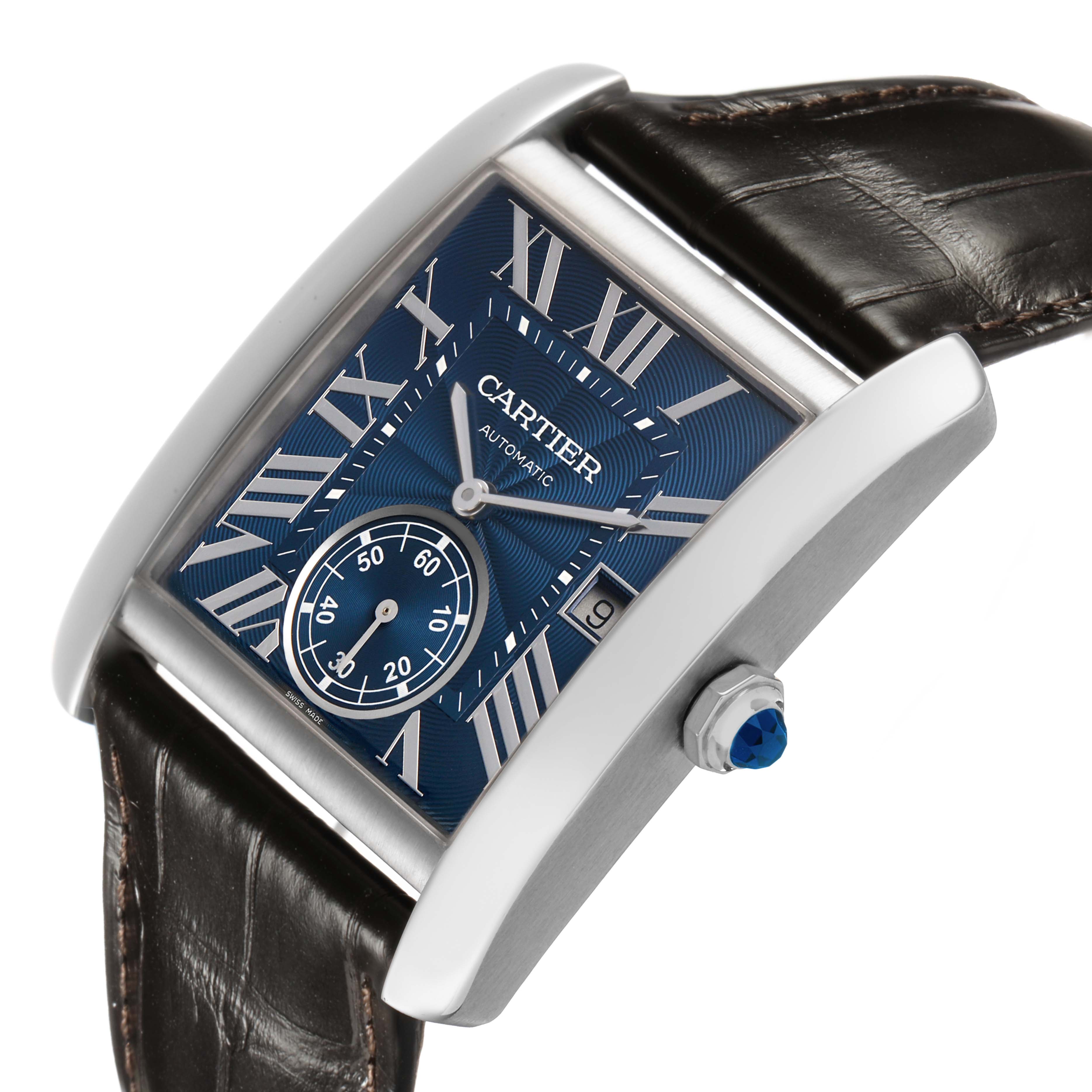 The Cartier Tank MC WSTA0010 Men's Stainless Steel Blue Dial watch is shown at an angle highlighting the blue dial, Roman numerals, crown, and leather strap.