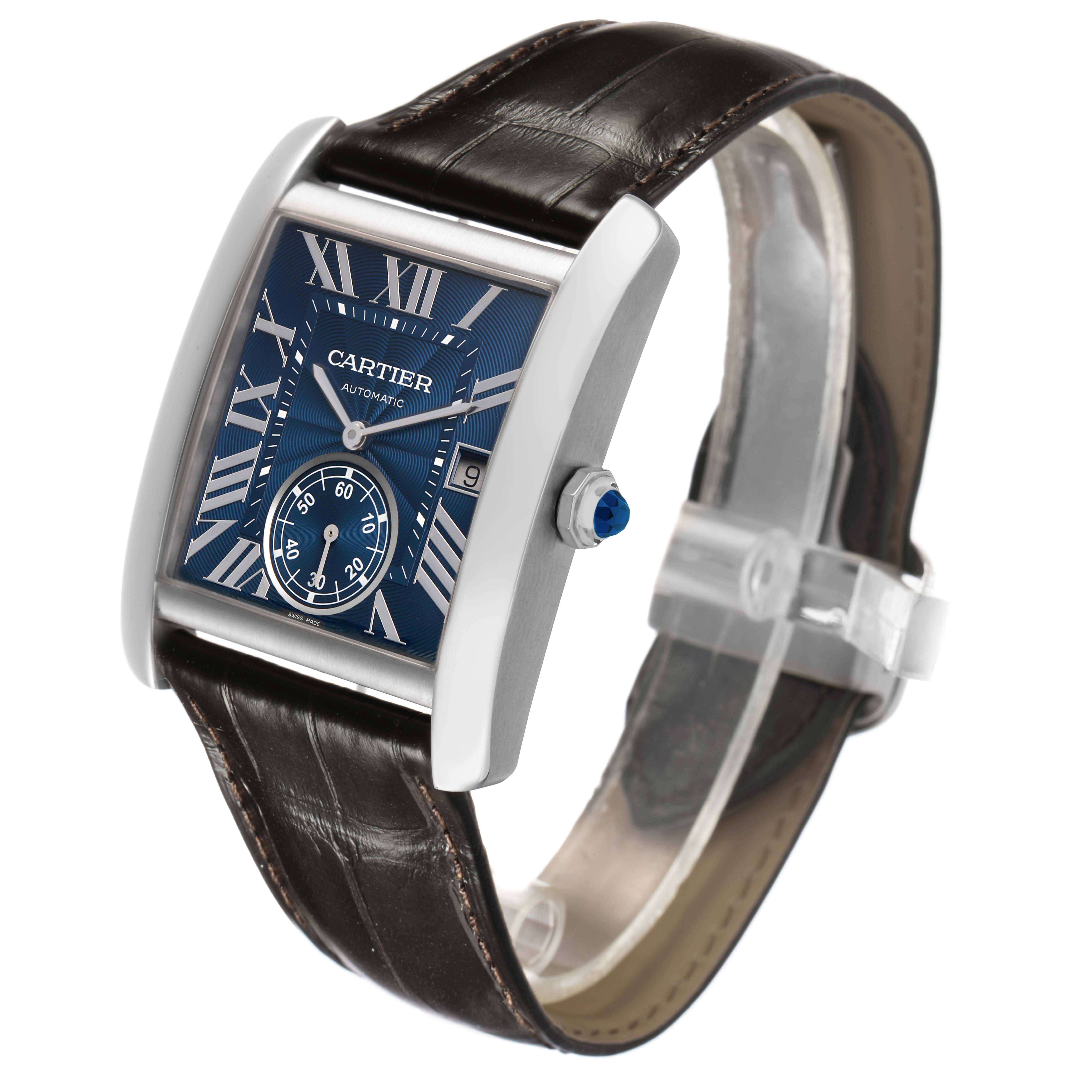 The Cartier Tank MC WSTA0010 Men's Stainless Steel Blue Dial watch is shown at a front angle featuring the dial, crown, and leather strap.