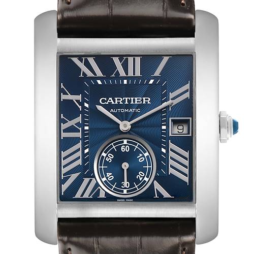The Cartier Tank MC WSTA0010 Men's Stainless Steel Blue Dial is shown from a front angle, highlighting its blue dial, Roman numerals, and sub-dial with a leather strap.