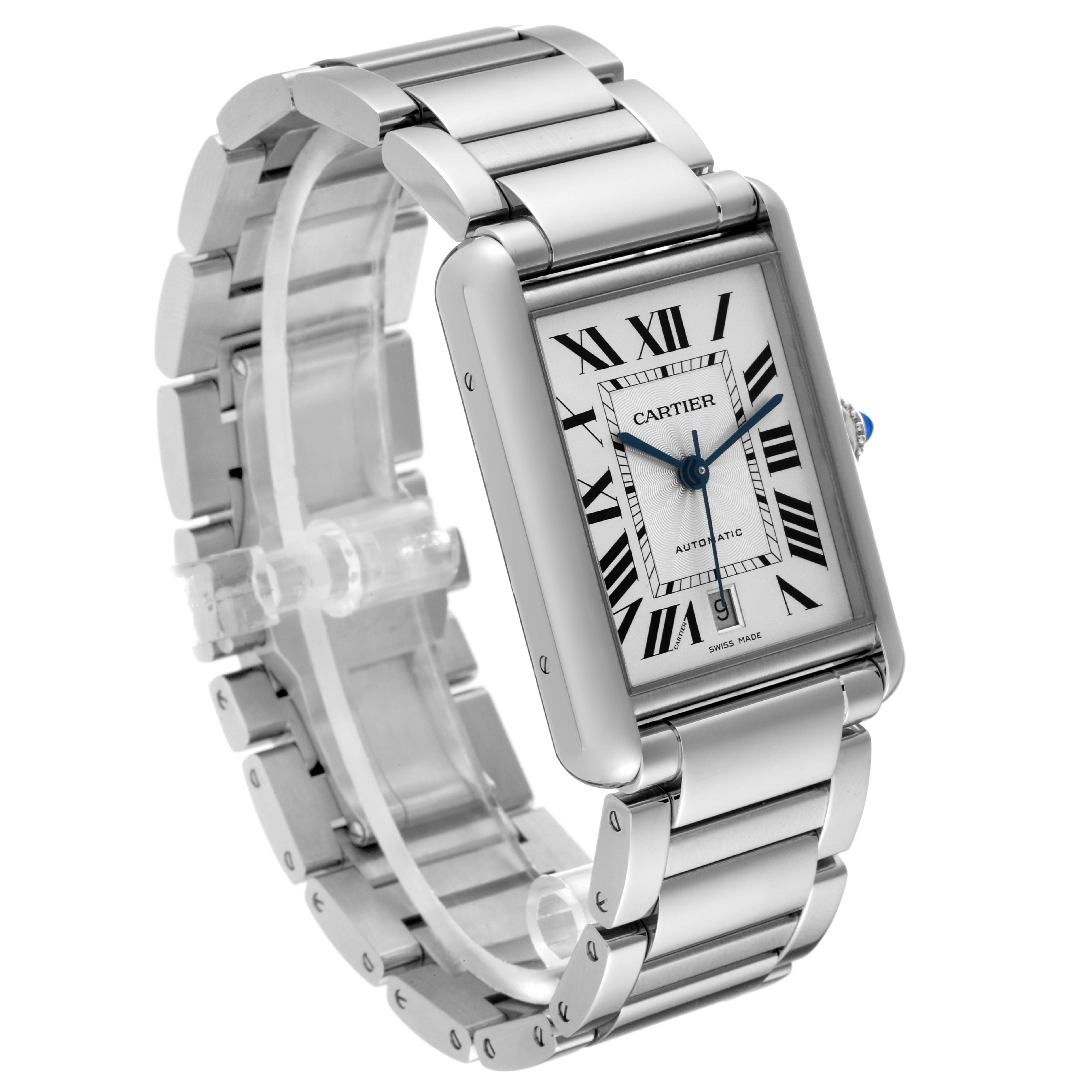 This image shows the Cartier Tank Must WSTA0053 Men
s Stainless Steel Silver Dial WSTA0053 Men
s Stainless Steel Silver Dial watch from a three-quarter angle, highlighting the face, bracelet, and side profile.