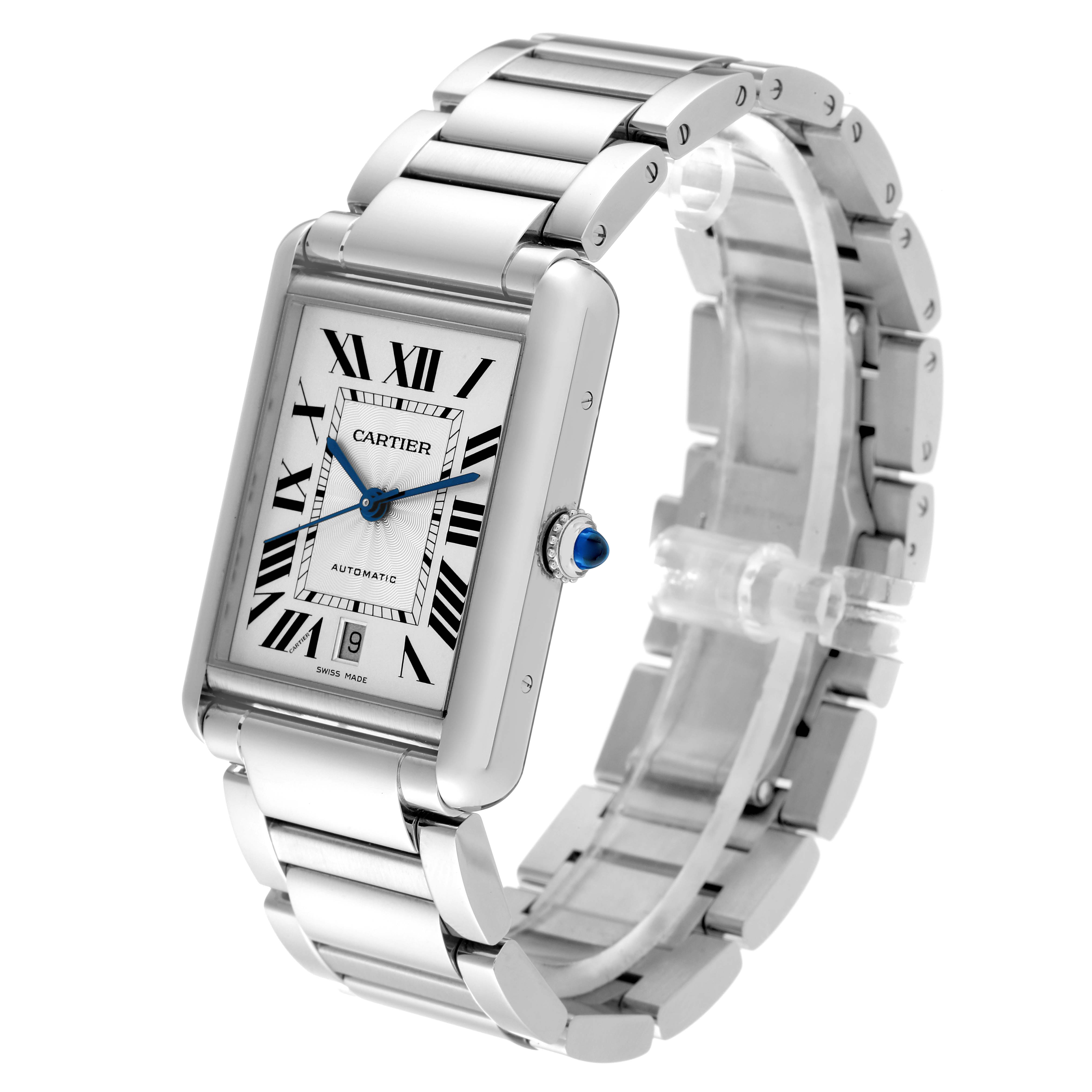 This image shows the front and side view of the Cartier Tank Must WSTA0053 Men
s Stainless Steel Silver Dial WSTA0053 Men
s Stainless Steel Silver Dial watch, highlighting its silver bracelet and rectangular face with blue hands.