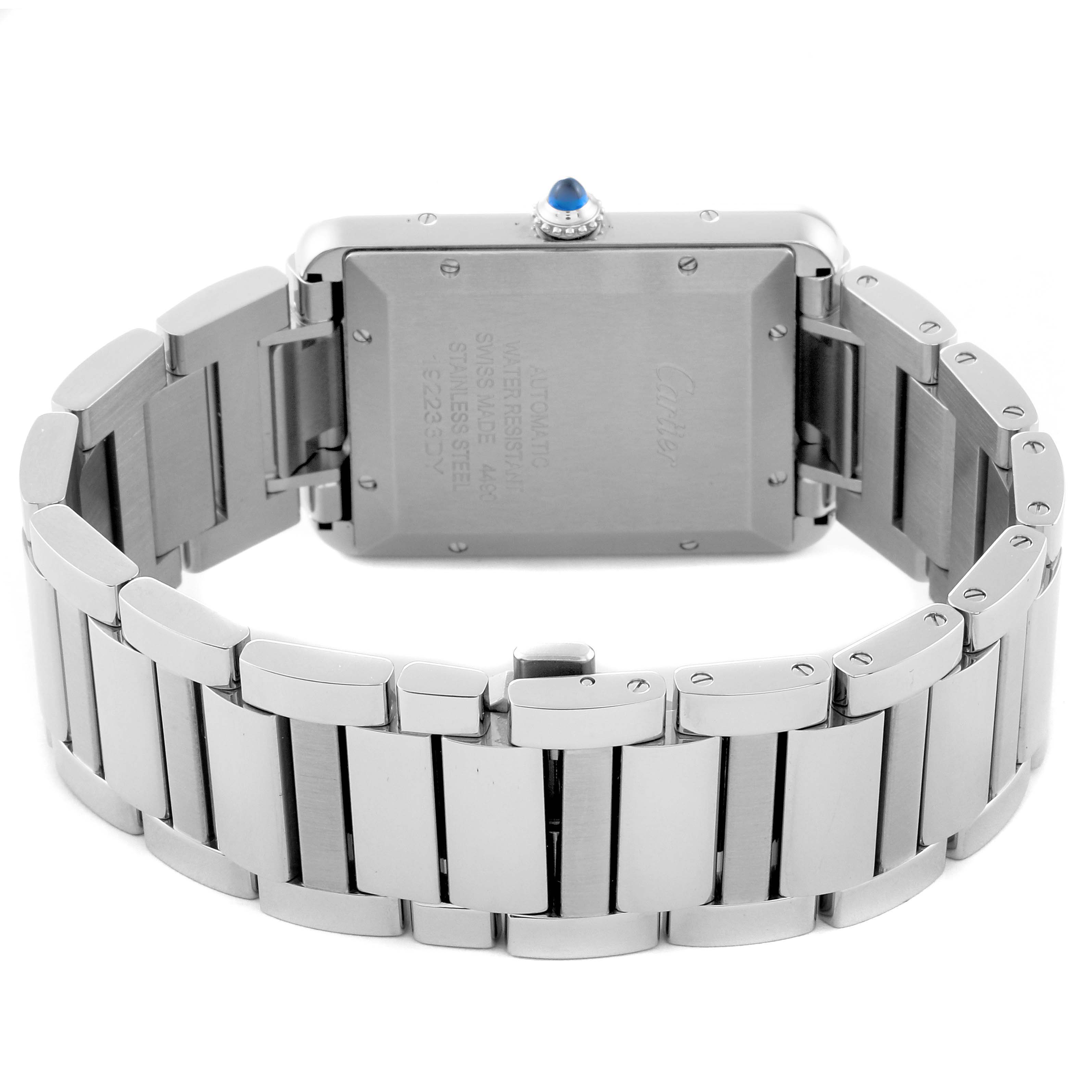 The image shows the back case and bracelet of a Cartier Tank Must WSTA0053 Men
s Stainless Steel Silver Dial WSTA0053 Men
s Stainless Steel Silver Dial watch, highlighting its engraved details and rectangular shape.