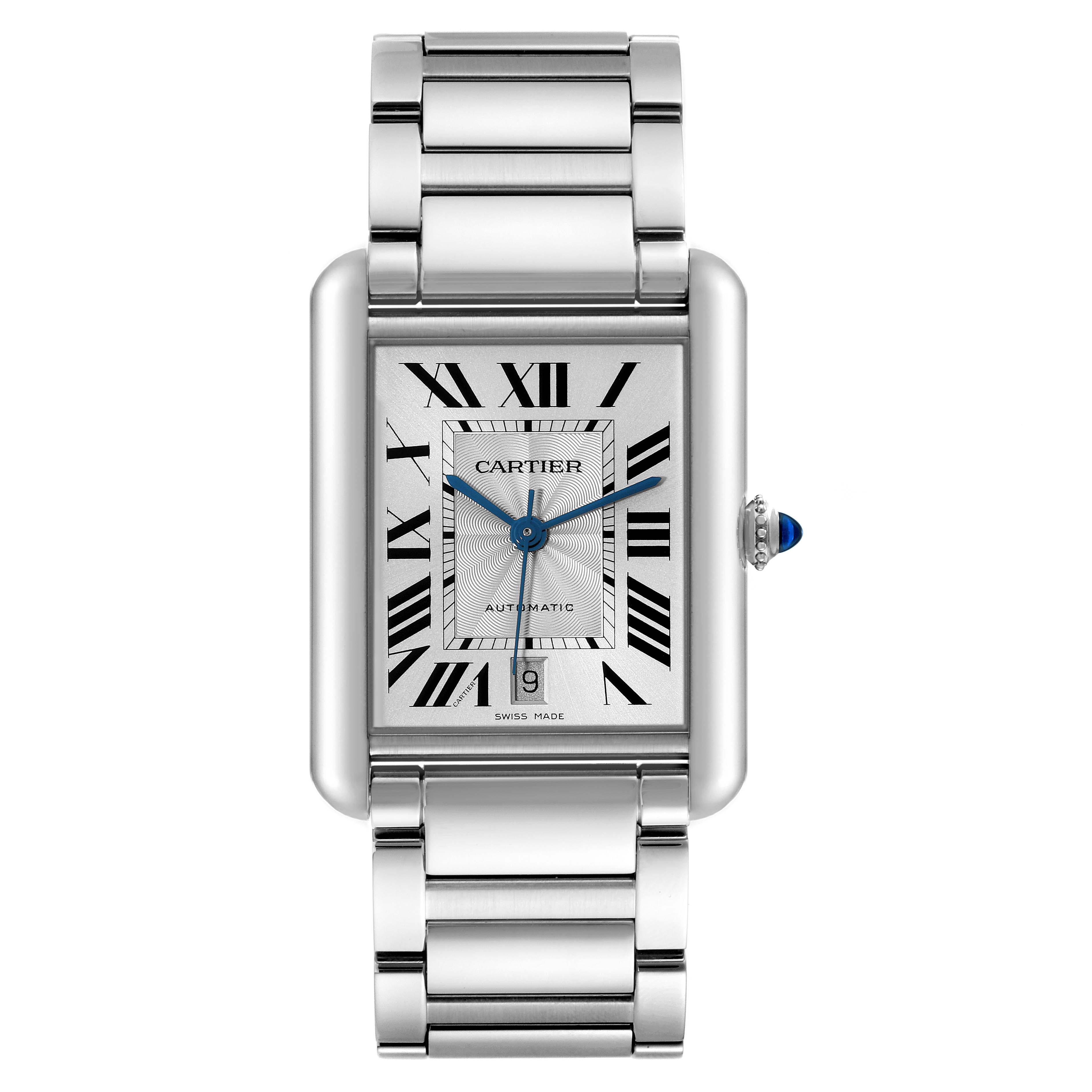 The image shows a frontal view of the Cartier Tank Must WSTA0053 Men
s Stainless Steel Silver Dial WSTA0053 Men
s Stainless Steel Silver Dial watch, including the dial, hands, bracelet, and crown.