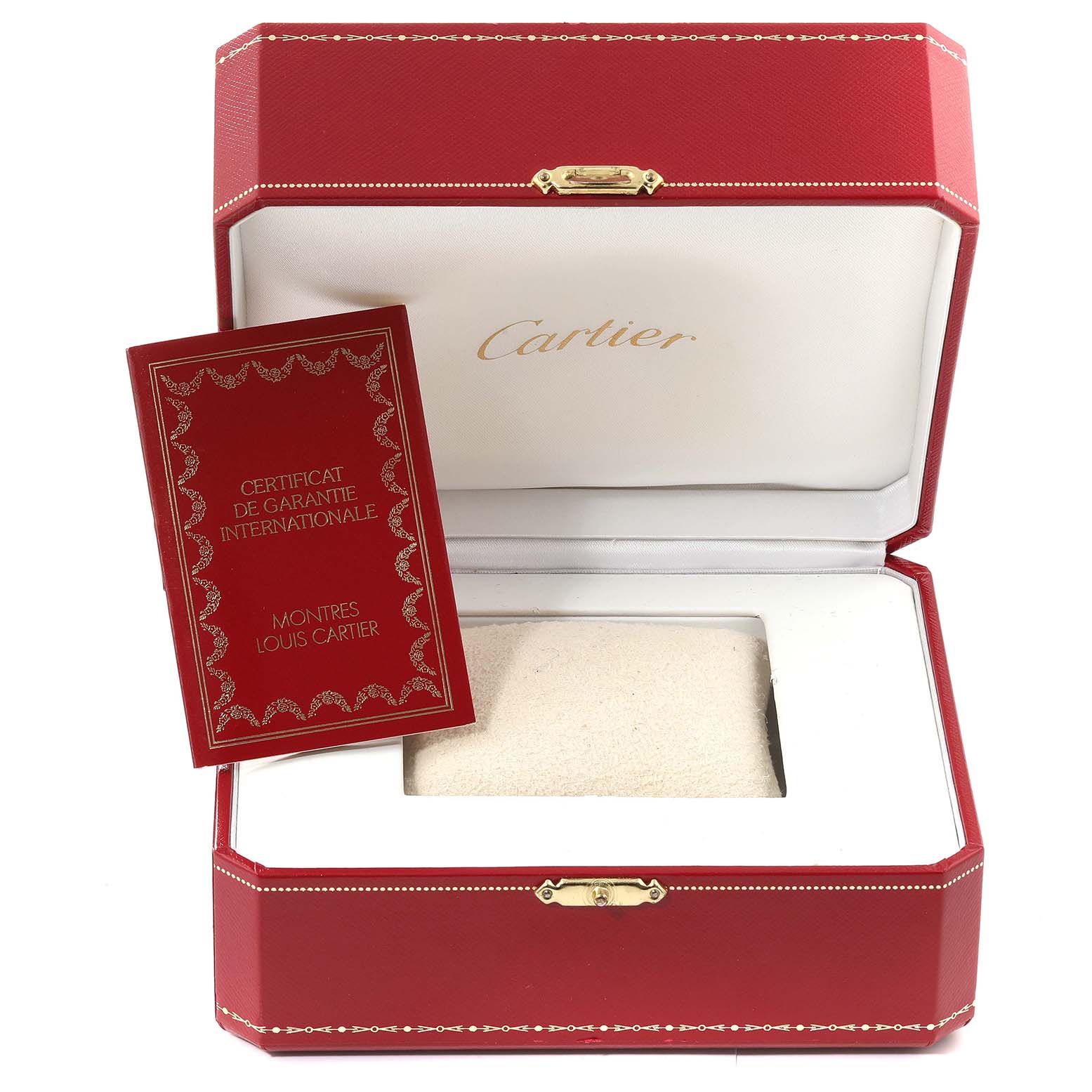The image shows an open Cartier Tank Obus WB800351 Women's Yellow Gold Silver Dial WB800351 Women's Yellow Gold Silver Dial watch box with a certificate of guarantee placed inside.