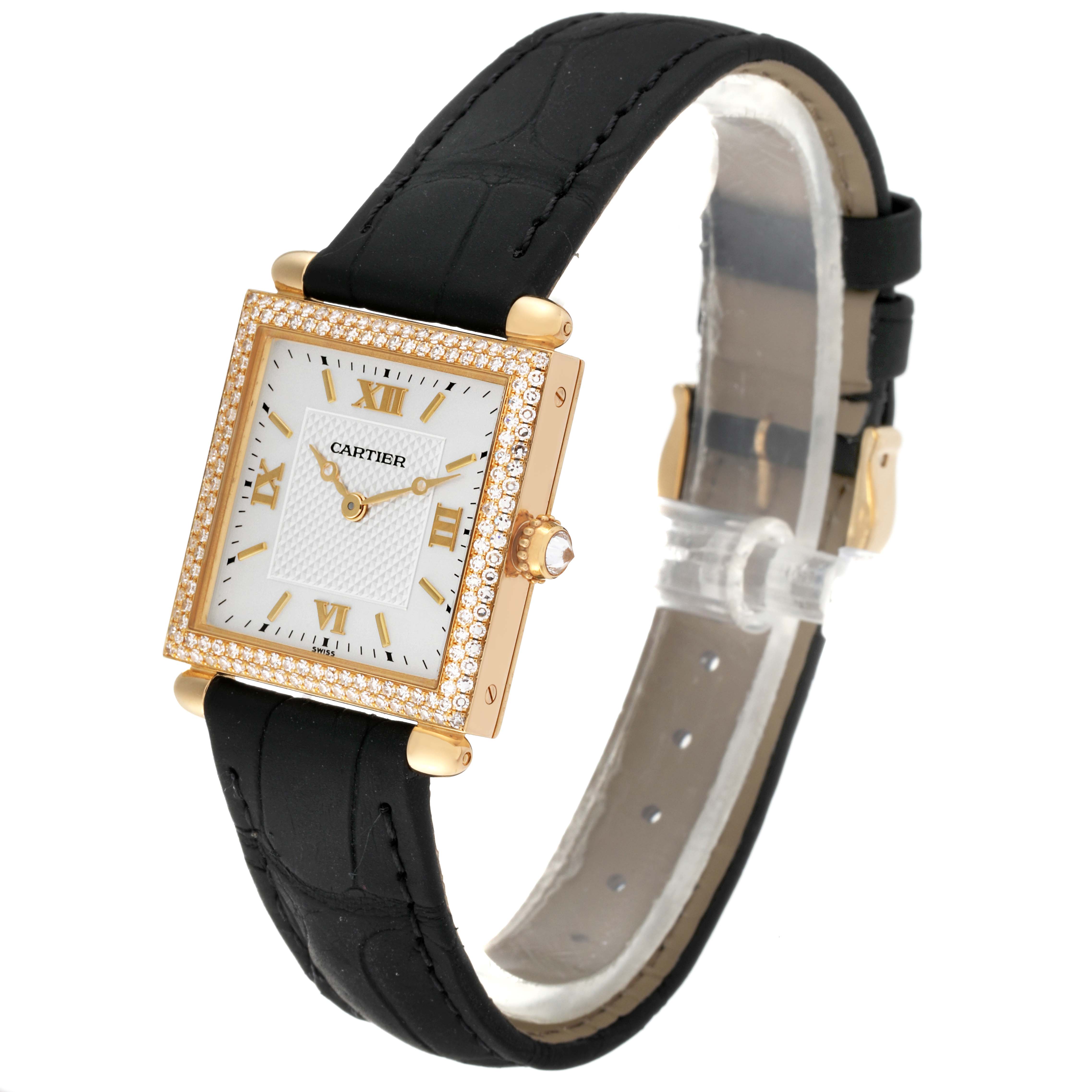 This Cartier Tank Obus WB800351 Women's Yellow Gold Silver Dial WB800351 Women's Yellow Gold Silver Dial watch is shown at an angle focusing on the face, bezel, strap, and crown.