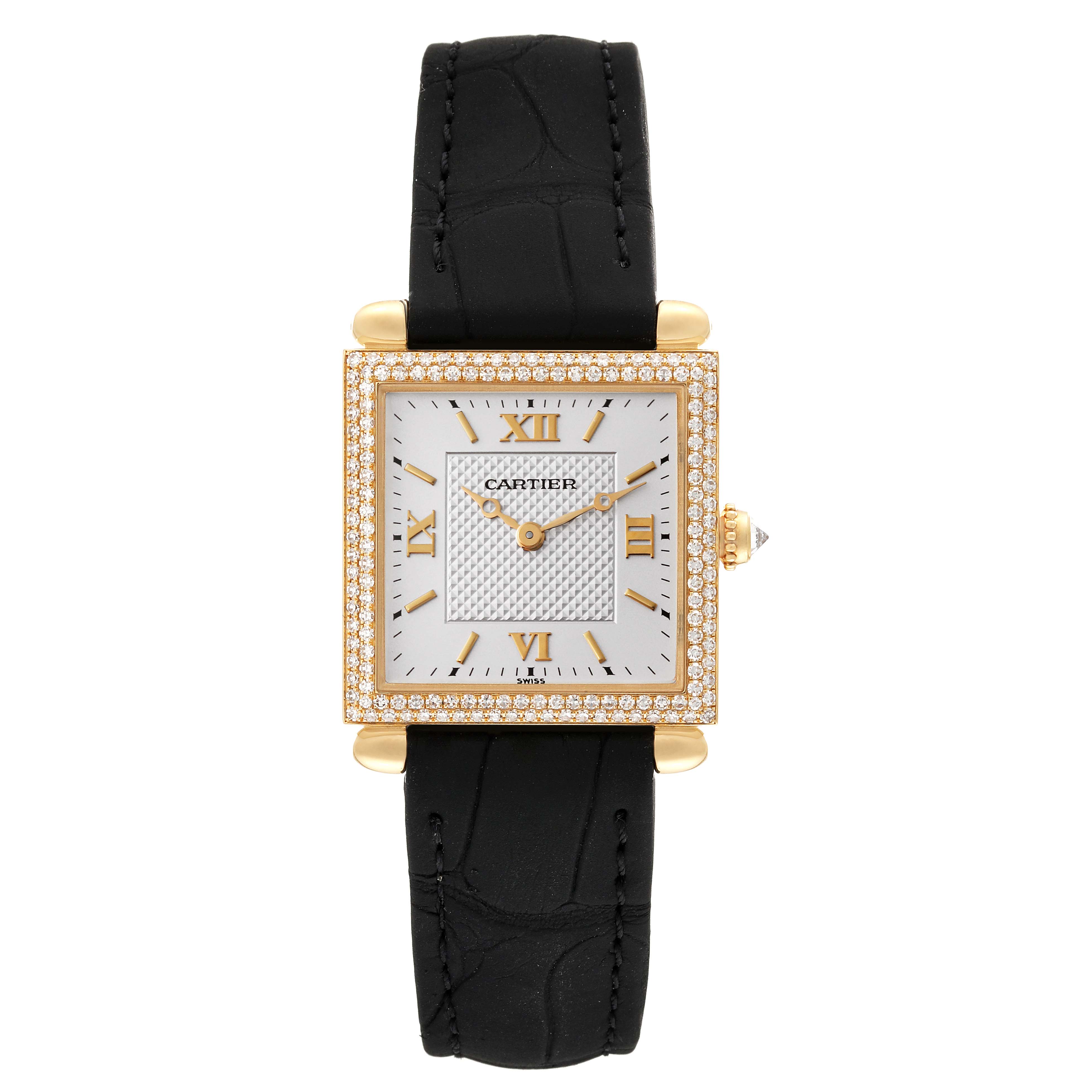 The image shows a Cartier Tank Obus WB800351 Women's Yellow Gold Silver Dial WB800351 Women's Yellow Gold Silver Dial watch from a front angle, highlighting its square face, gold case, diamond bezel, and black strap.