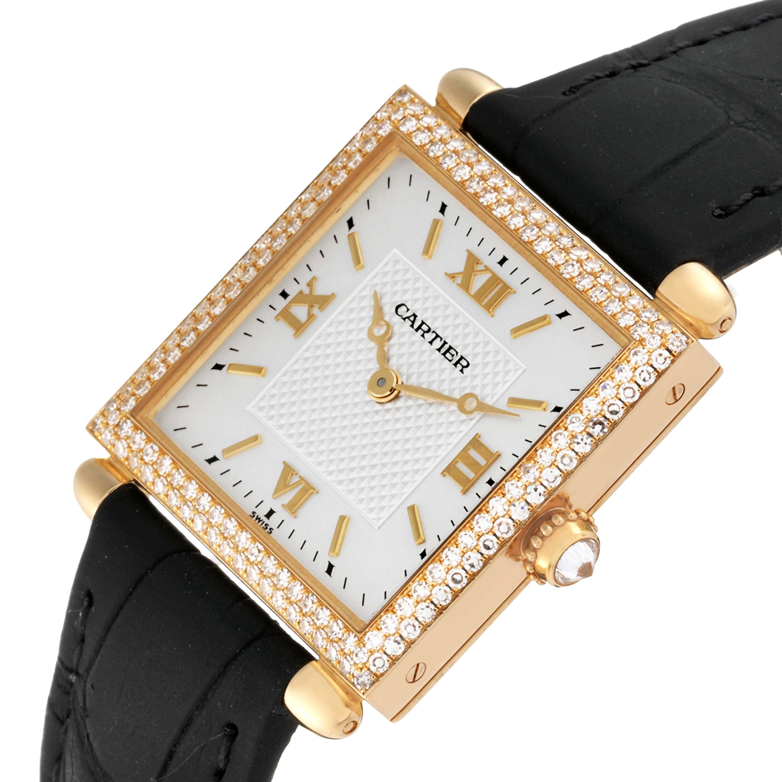 The Cartier Tank Obus WB800351 Women's Yellow Gold Silver Dial WB800351 Women's Yellow Gold Silver Dial watch is shown at an angled view, displaying the face, bezel, crown, and leather strap.