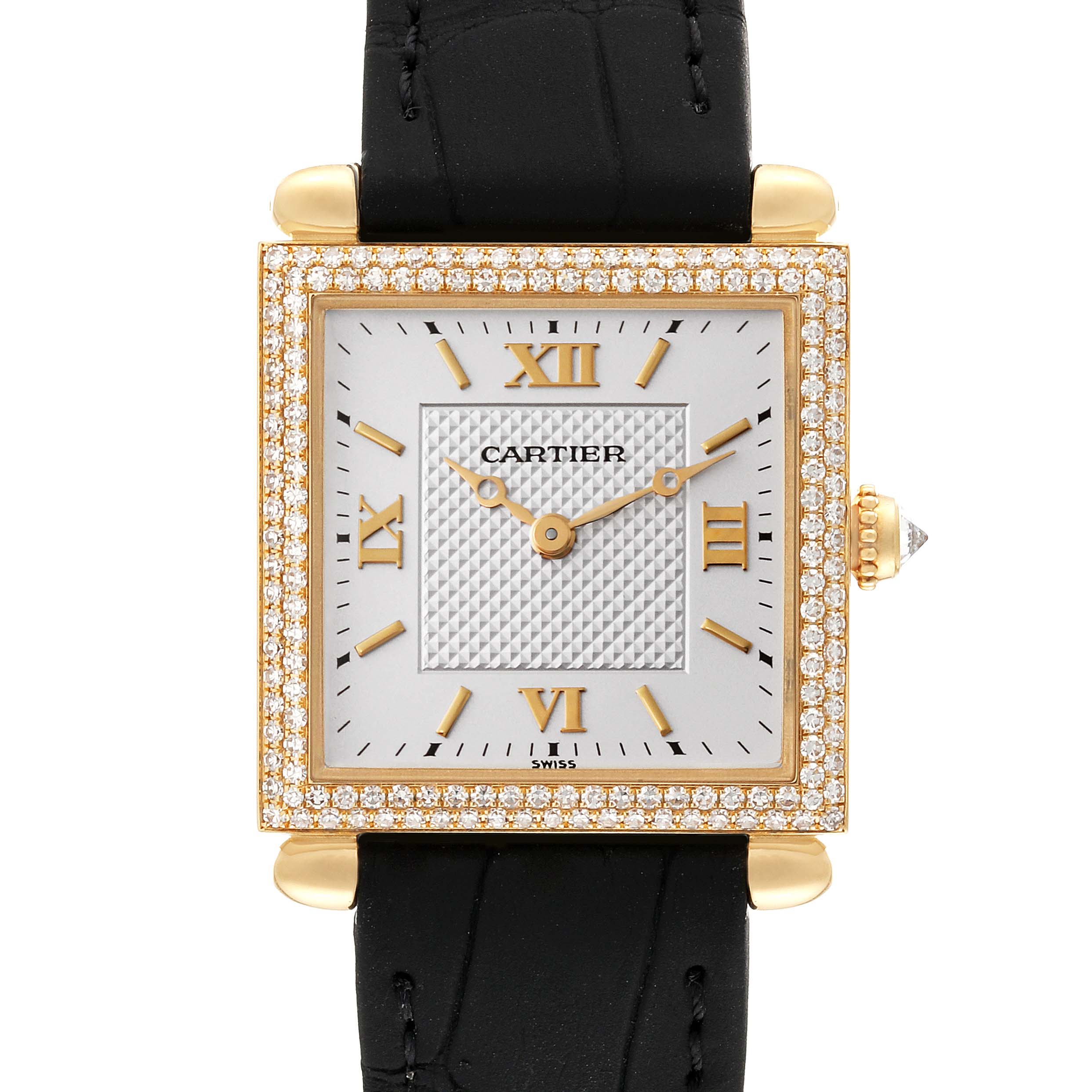 This image displays a front view of the Cartier Tank Obus WB800351 Women's Yellow Gold Silver Dial WB800351 Women's Yellow Gold Silver Dial watch highlighting its square face, Roman numerals, and diamond bezel.