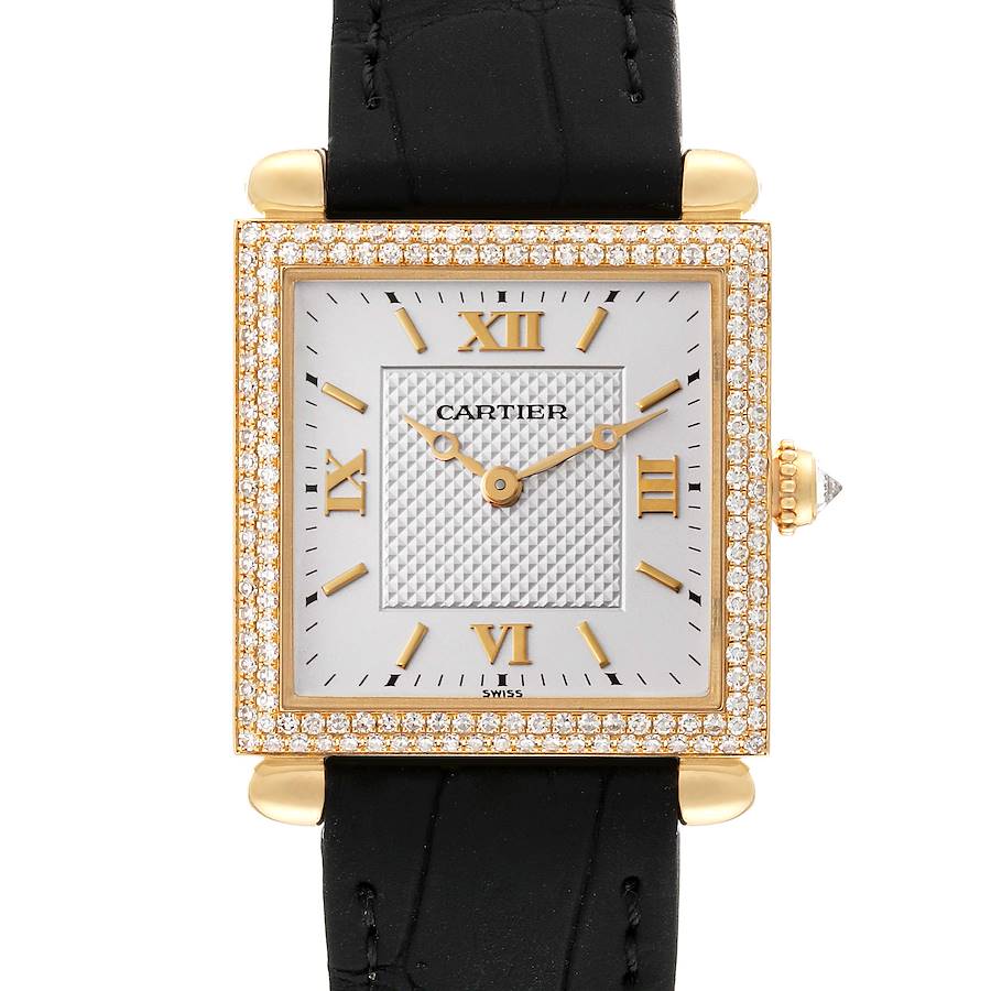 This image displays a front view of the Cartier Tank Obus watch highlighting its square face, Roman numerals, and diamond bezel.