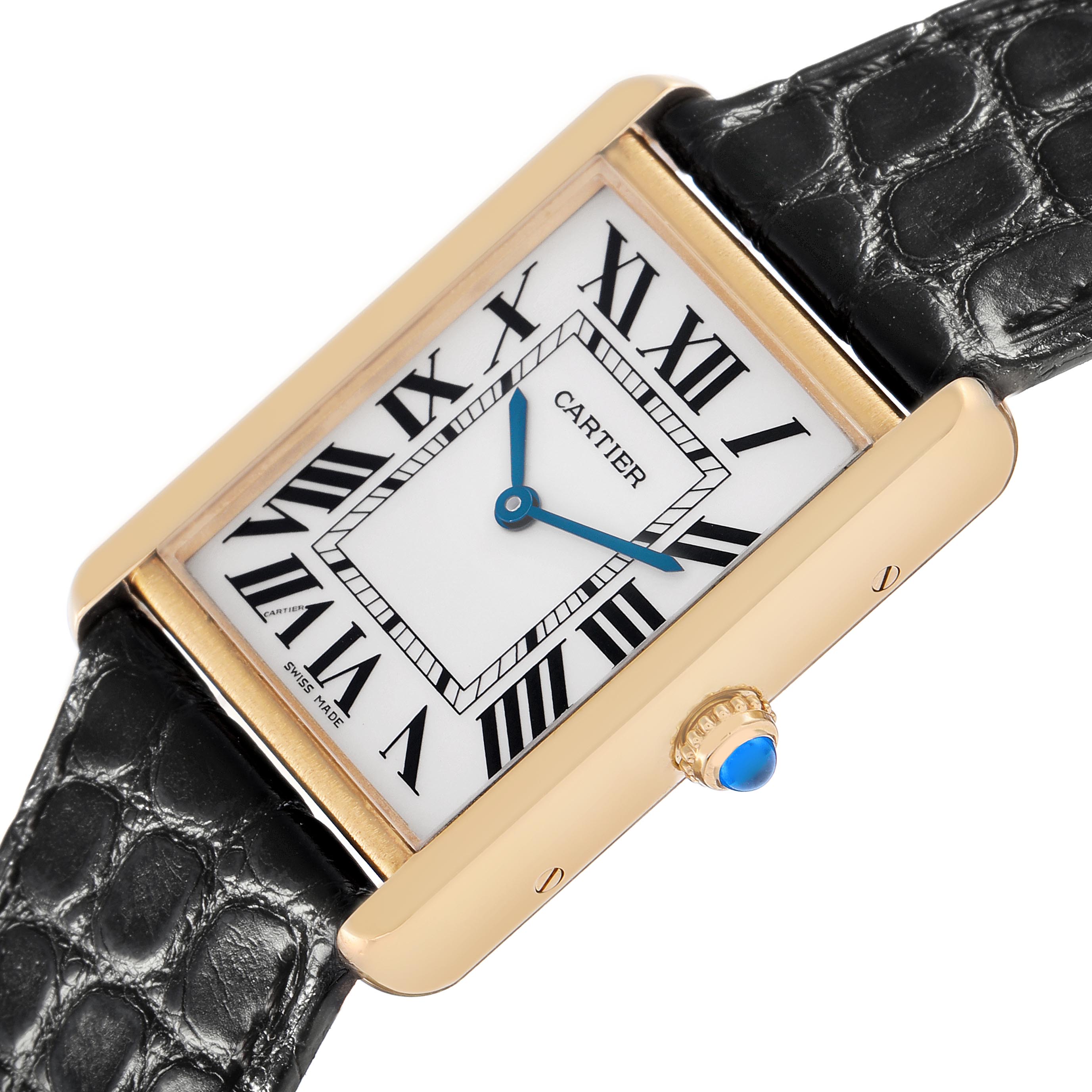 The Cartier Tank Solo W5200004 Men's Steel and Gold (two tone) Silver Dial W5200004 Men's Steel and Gold (two tone) Silver Dial watch is shown at a slight angle, highlighting the dial, Roman numerals, blue hands, case, and crown with a blue cabochon.