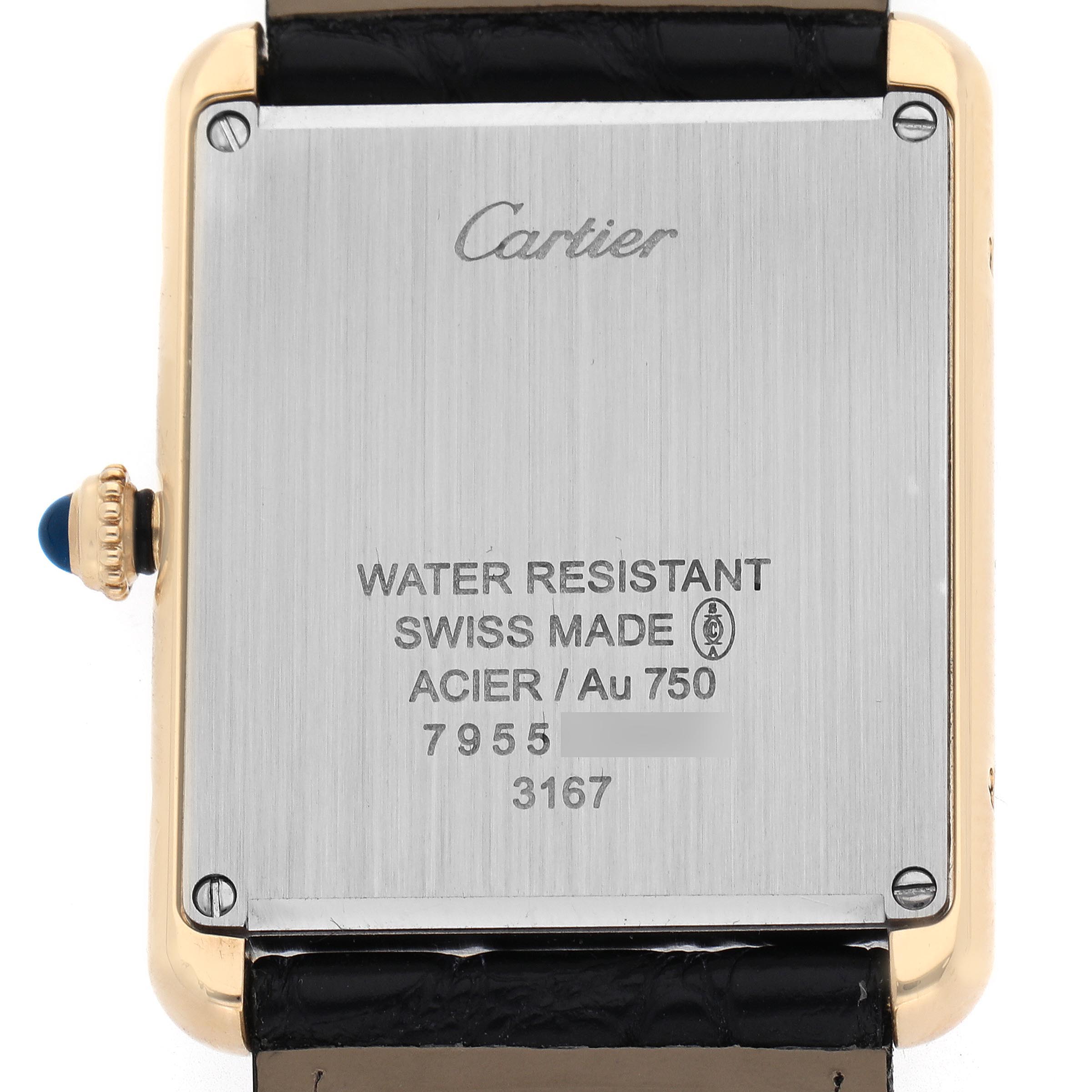The image shows the back of the Cartier Tank Solo W5200004 Men's Steel and Gold (two tone) Silver Dial W5200004 Men's Steel and Gold (two tone) Silver Dial watch, highlighting its inscriptions and crown.
