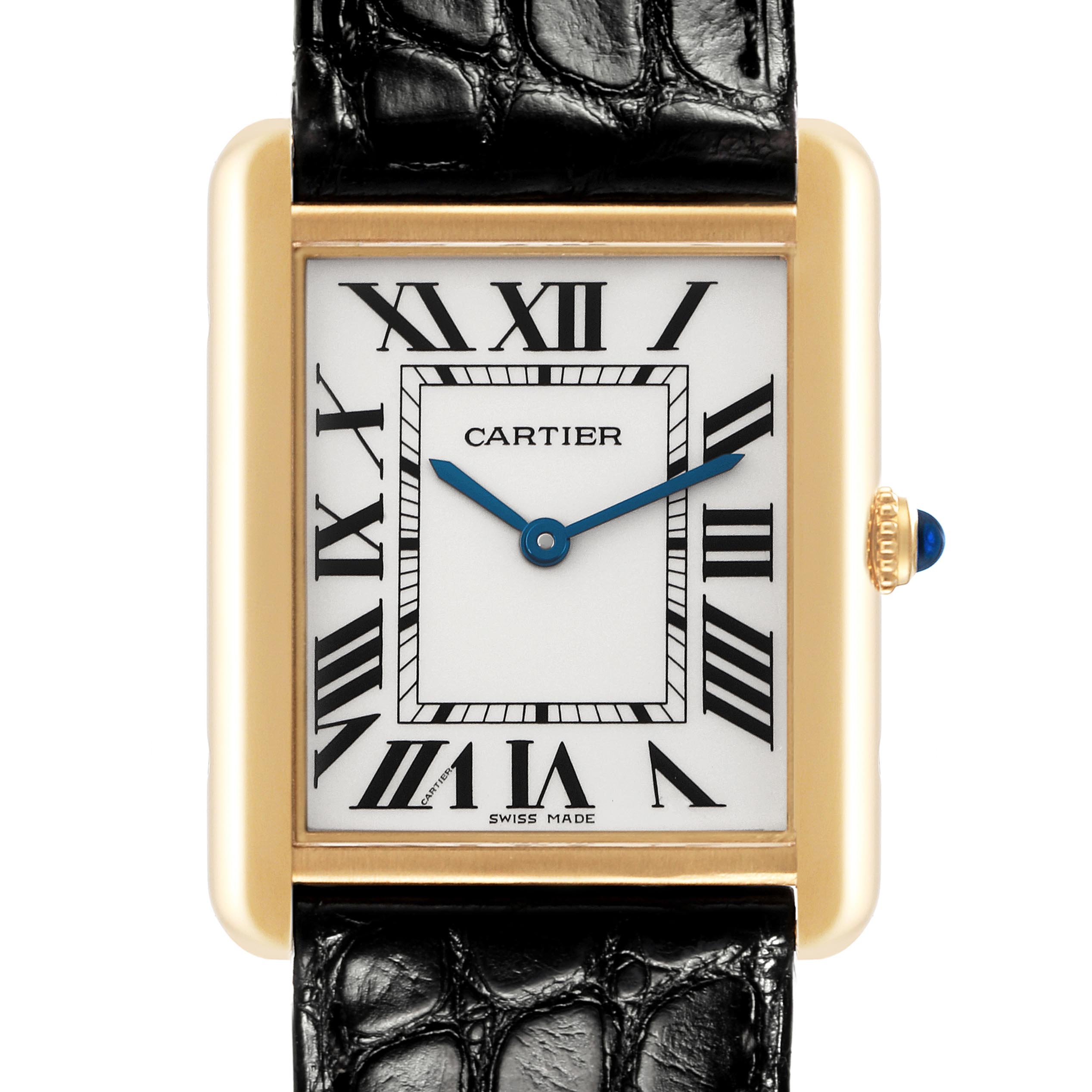 The Cartier Tank Solo W5200004 Men's Steel and Gold (two tone) Silver Dial W5200004 Men's Steel and Gold (two tone) Silver Dial watch is shown from a front view, highlighting the face, case, and part of the strap.