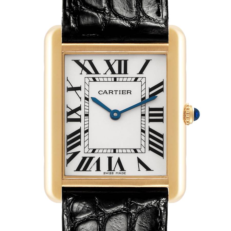 The Cartier Tank Solo watch is shown from a front view, highlighting the face, case, and part of the strap.
