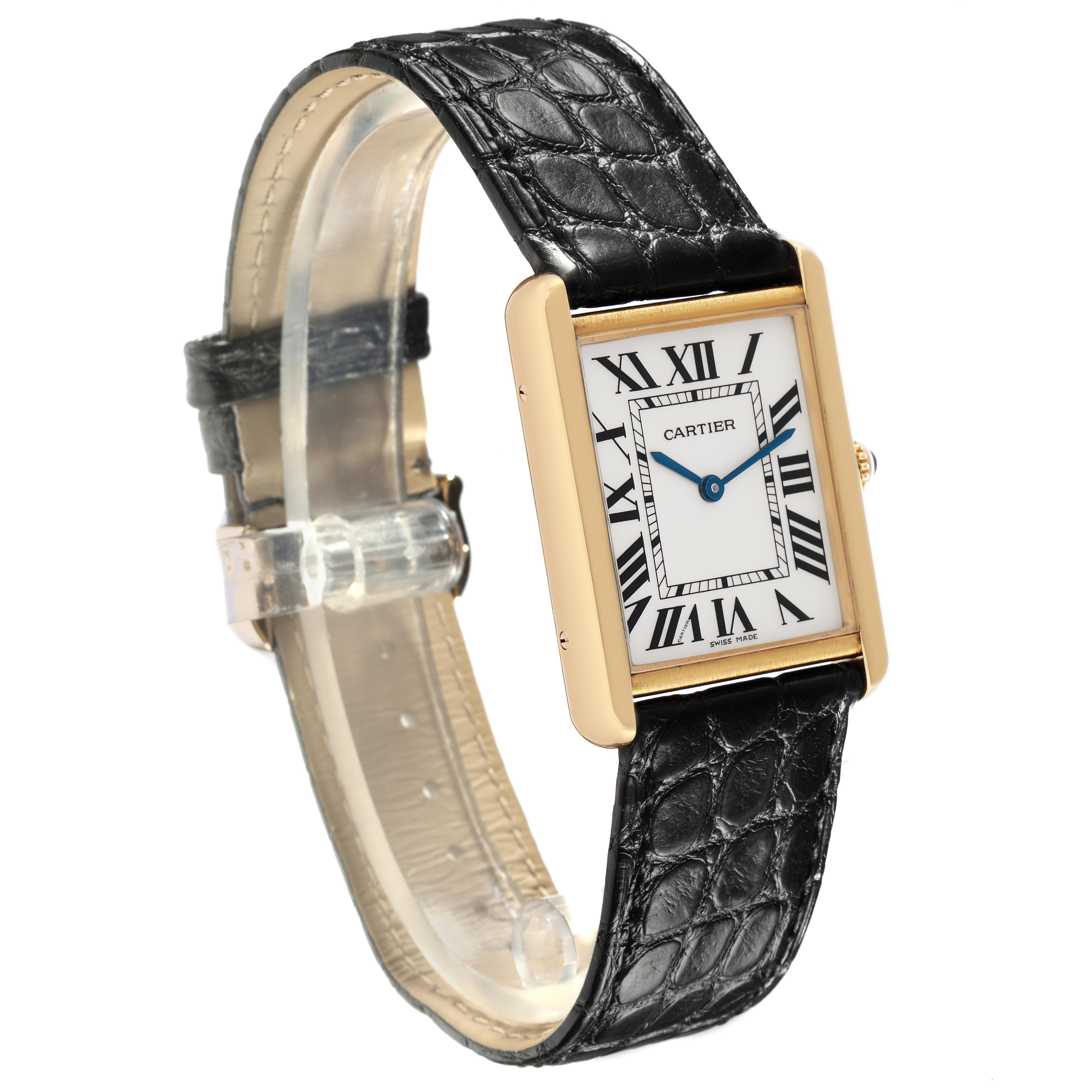 The Cartier Tank Solo W5200004 Men's Steel and Gold (two tone) Silver Dial W5200004 Men's Steel and Gold (two tone) Silver Dial watch is shown at a slight angle, displaying the black leather strap and rectangular gold case with Roman numeral dial.