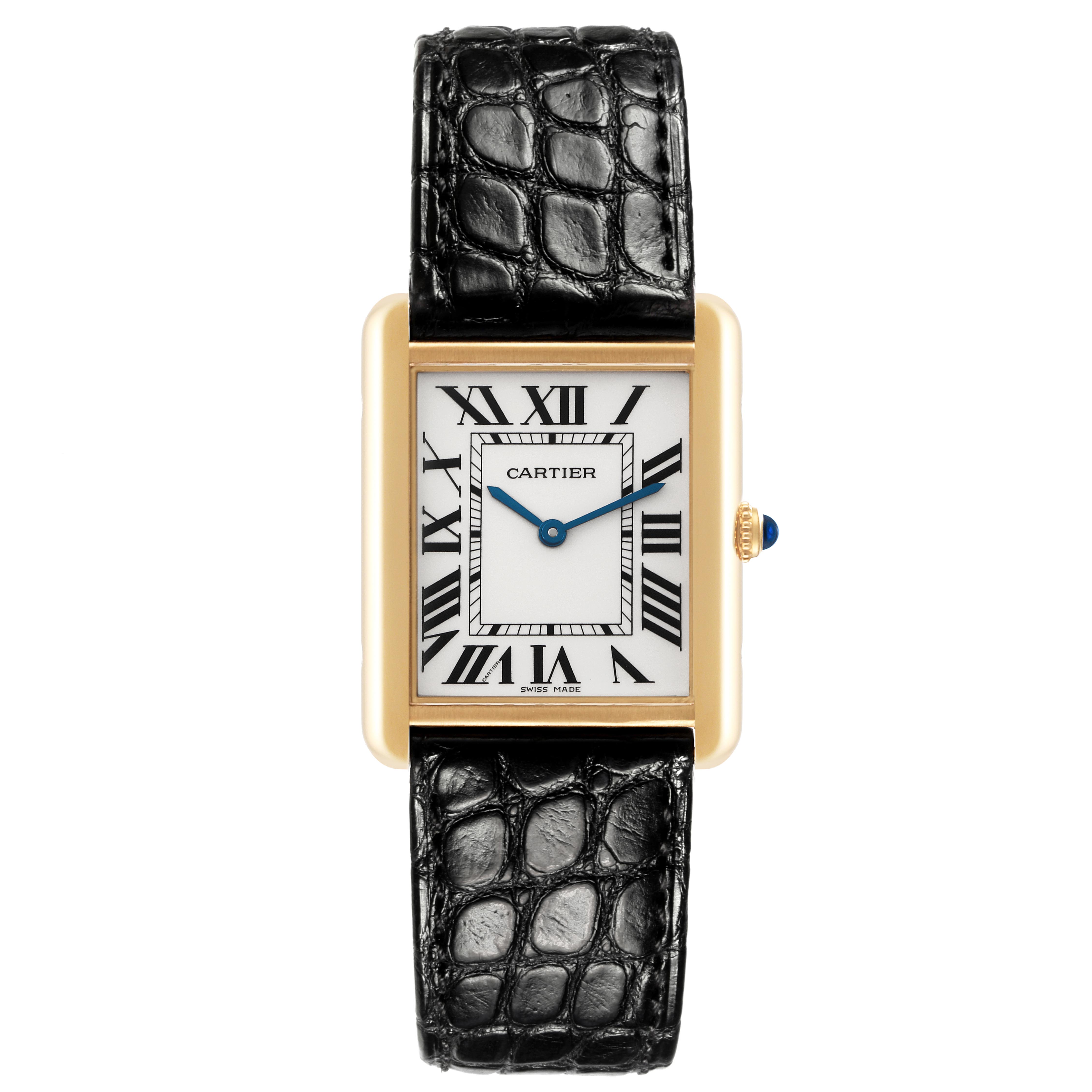 The Cartier Tank Solo W5200004 Men's Steel and Gold (two tone) Silver Dial W5200004 Men's Steel and Gold (two tone) Silver Dial watch is shown from the front, displaying its rectangular face, black Roman numerals, and black leather strap.