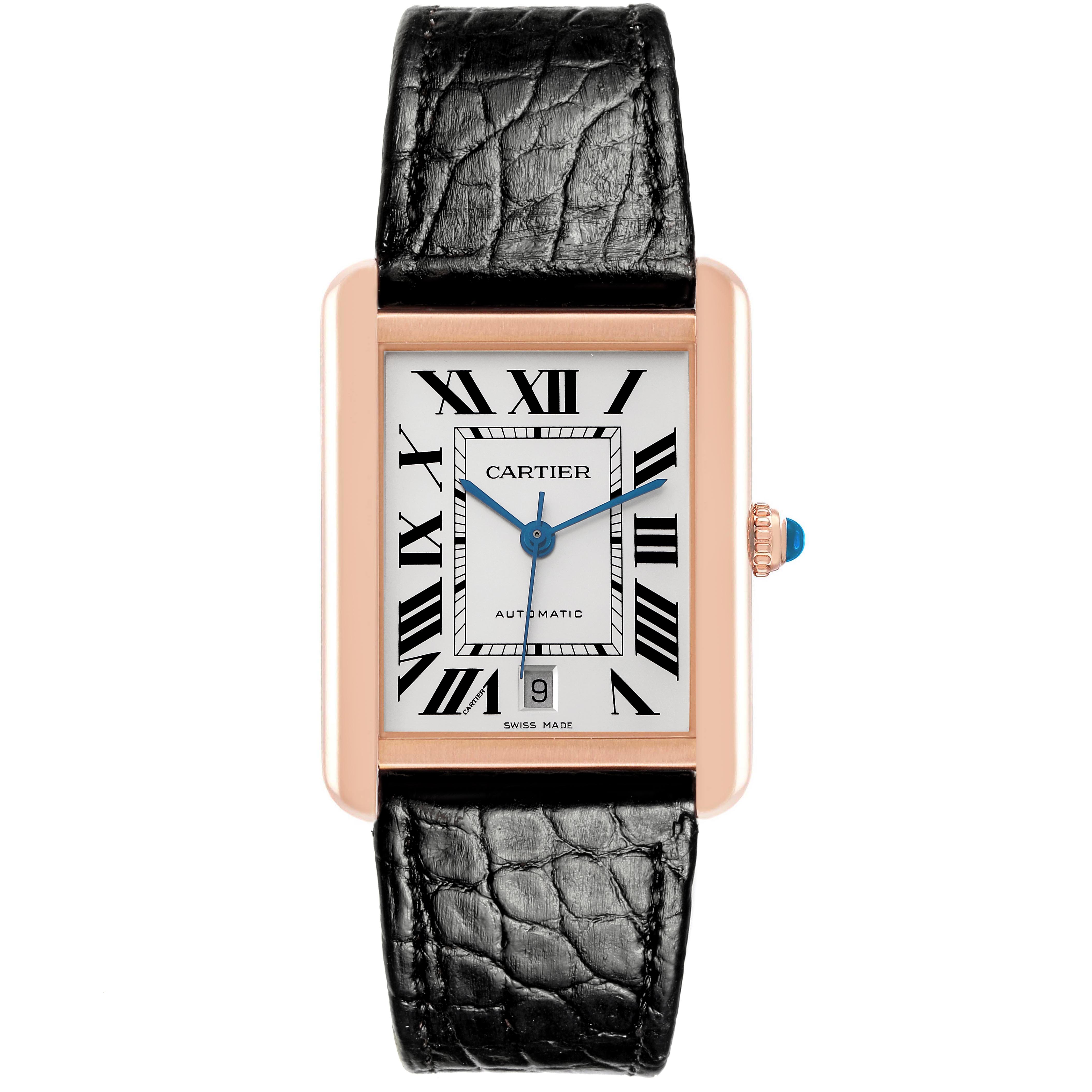 The Cartier Tank Solo W5200026 Men's Steel and Gold (two tone) Silver Dial W5200026 Men's Steel and Gold (two tone) Silver Dial watch is shown from a front view, displaying the face, case, crown, and leather strap.