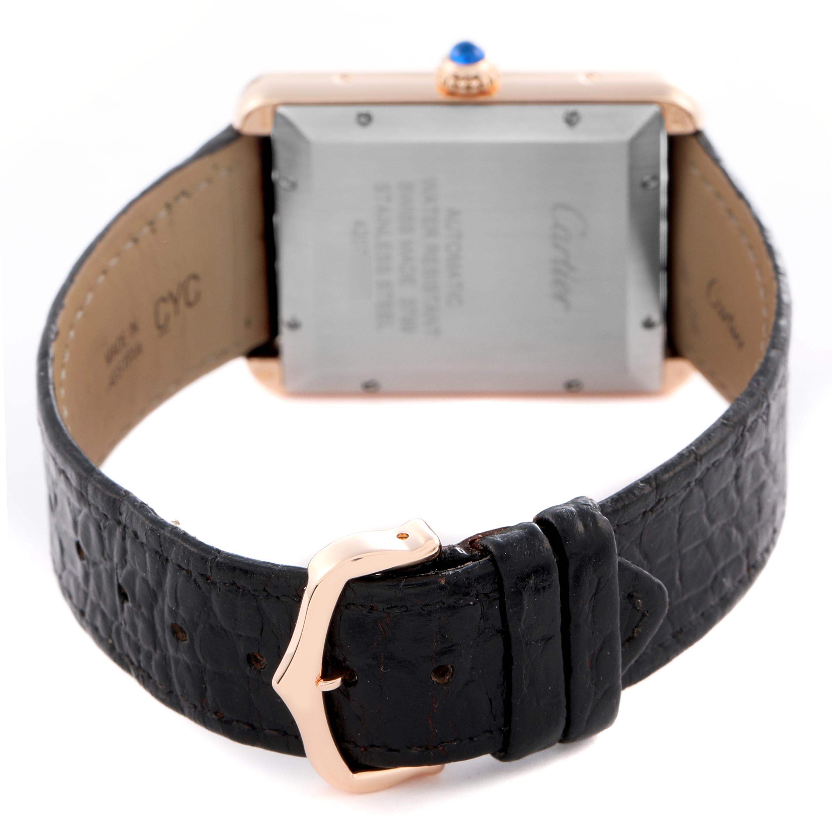 The image shows the back view of a Cartier Tank Solo W5200026 Men's Steel and Gold (two tone) Silver Dial W5200026 Men's Steel and Gold (two tone) Silver Dial watch, highlighting the strap, buckle, and case back.