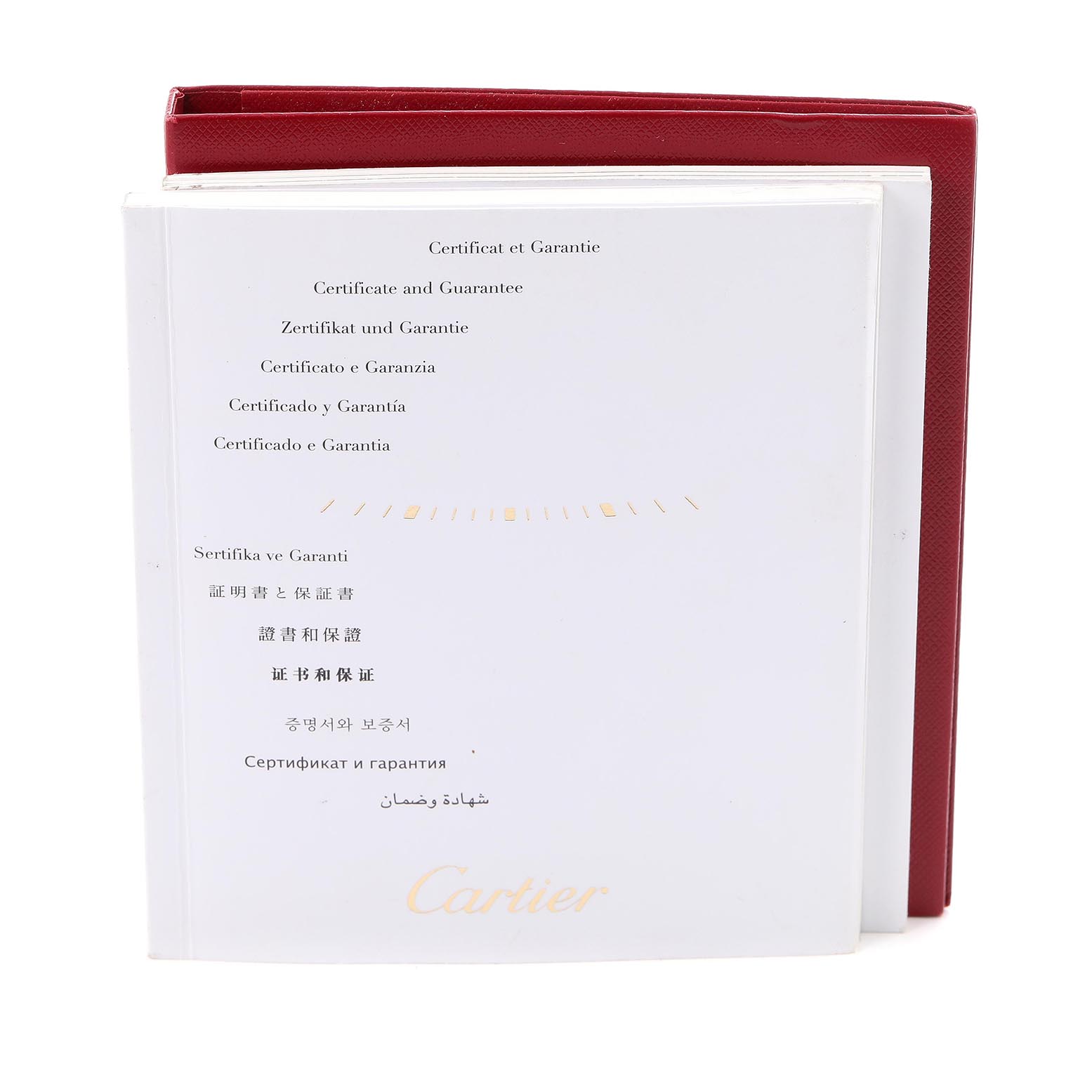 This image shows the certificate and guarantee booklet for the Cartier Tank Solo W5200026 Men's Steel and Gold (two tone) Silver Dial W5200026 Men's Steel and Gold (two tone) Silver Dial, placed against a red folder.