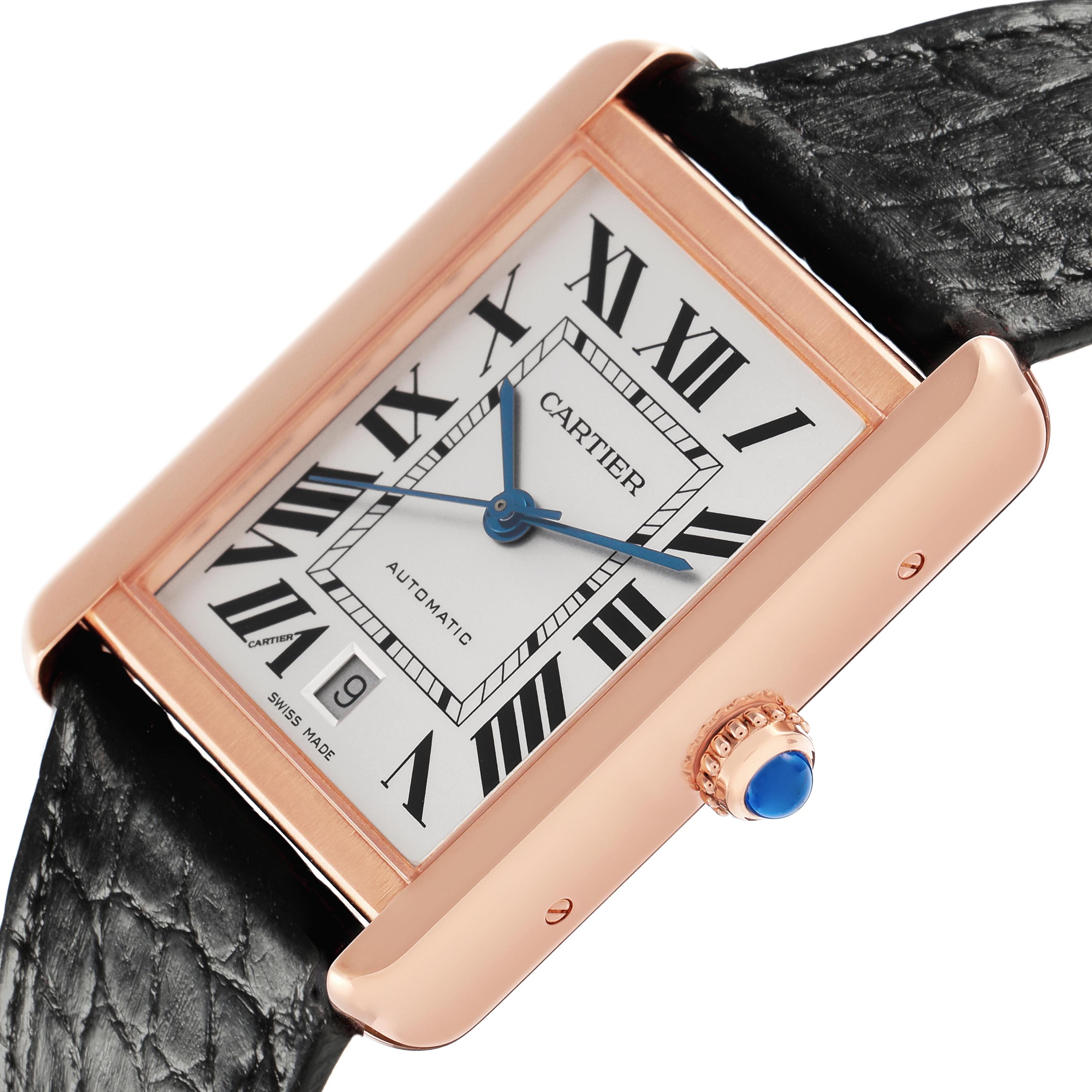 The Cartier Tank Solo W5200026 Men's Steel and Gold (two tone) Silver Dial W5200026 Men's Steel and Gold (two tone) Silver Dial watch is shown from a slightly angled top view, highlighting the face, crown, and part of the leather strap.