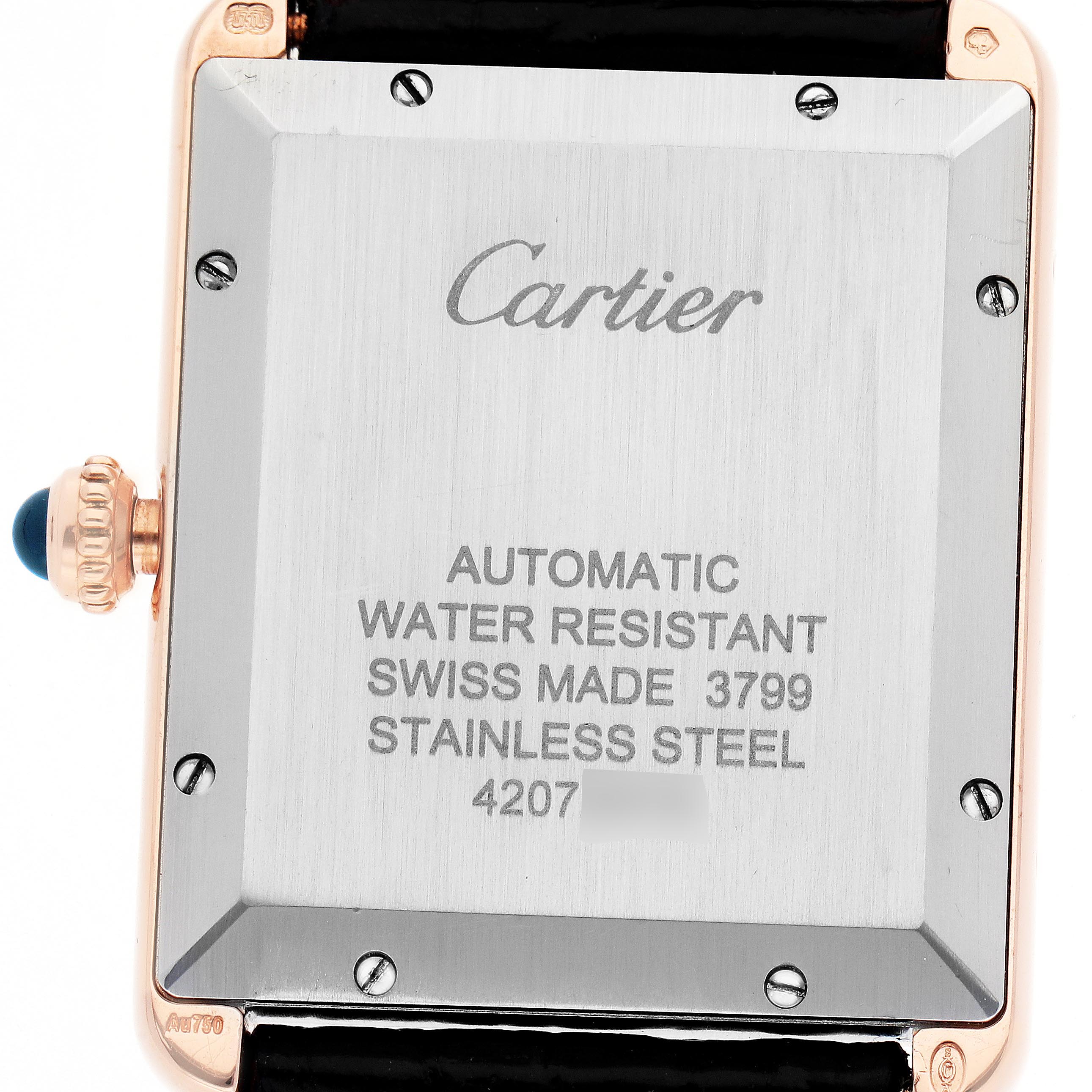 The image shows the back case of a Cartier Tank Solo W5200026 Men's Steel and Gold (two tone) Silver Dial W5200026 Men's Steel and Gold (two tone) Silver Dial, highlighting the brand, material, and water resistance details.
