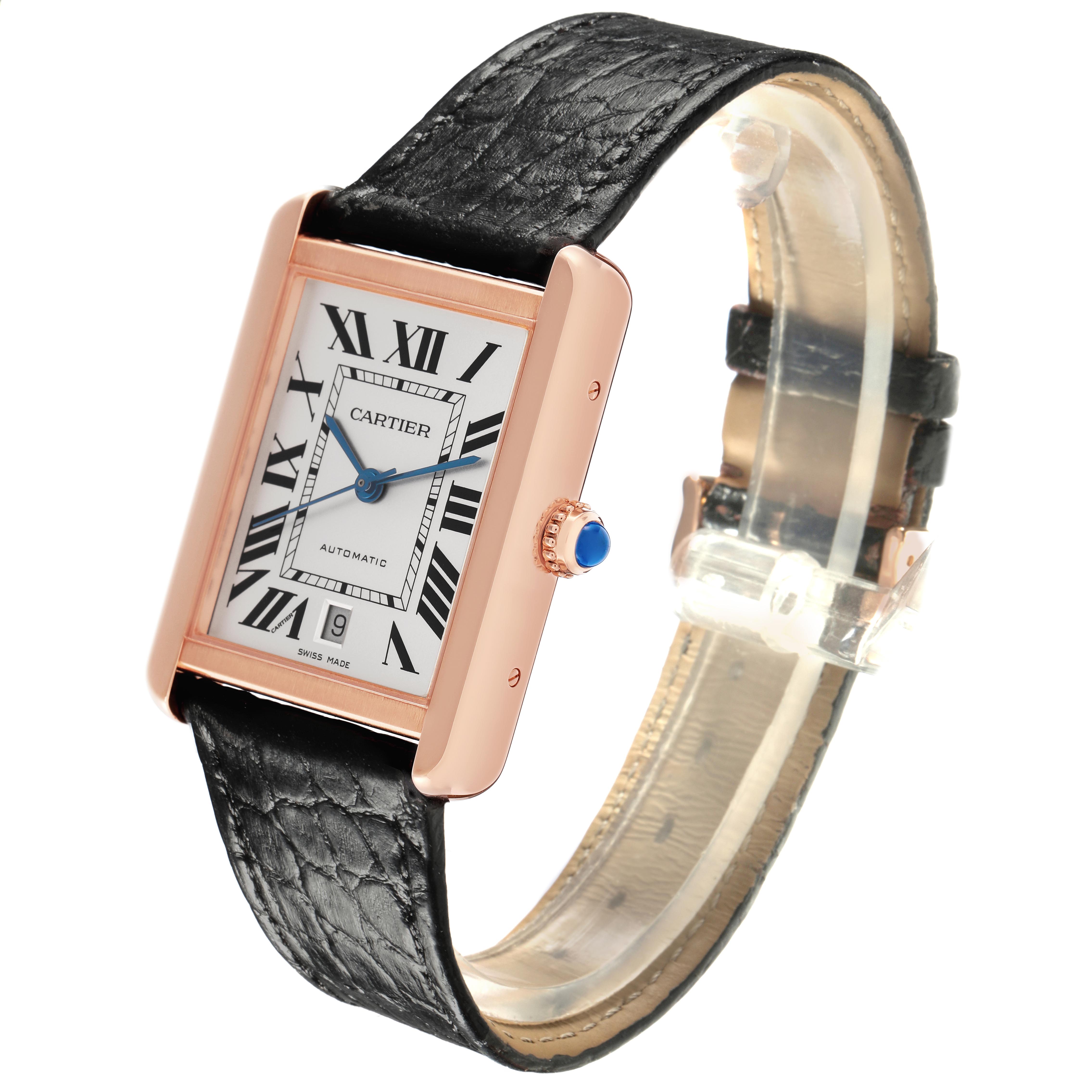 The Cartier Tank Solo W5200026 Men's Steel and Gold (two tone) Silver Dial W5200026 Men's Steel and Gold (two tone) Silver Dial watch is shown at an angled side view, highlighting the face, strap, and crown with a blue cabochon.