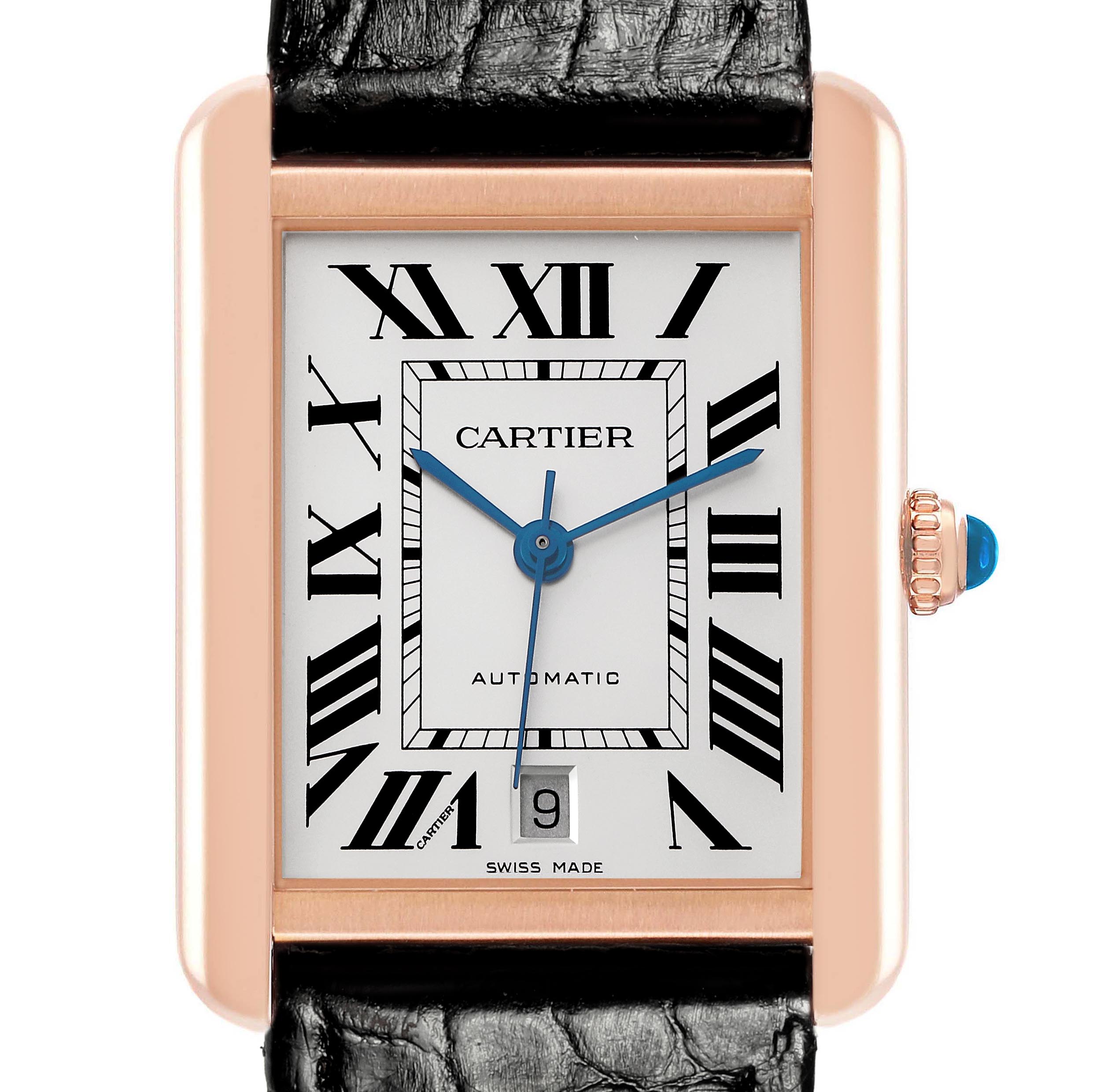 The Cartier Tank Solo W5200026 Men's Steel and Gold (two tone) Silver Dial W5200026 Men's Steel and Gold (two tone) Silver Dial watch is shown from the front, displaying the dial, Roman numerals, blue hands, and part of the leather strap.