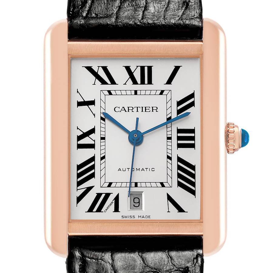 The Cartier Tank Solo watch is shown from the front, displaying the dial, Roman numerals, blue hands, and part of the leather strap.