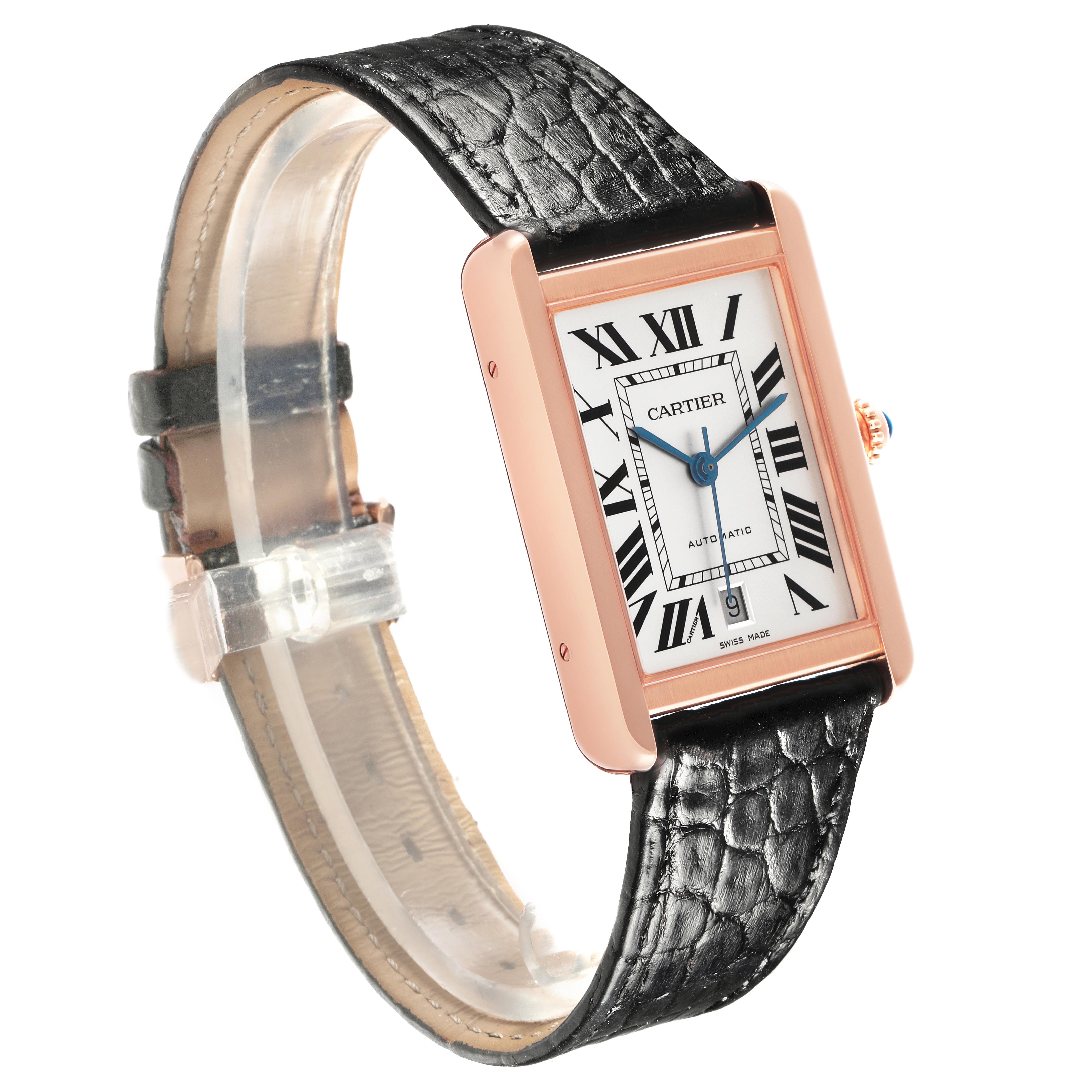 The Cartier Tank Solo W5200026 Men's Steel and Gold (two tone) Silver Dial W5200026 Men's Steel and Gold (two tone) Silver Dial watch is shown at an angled view, highlighting its rectangular case, Roman numeral dial, and leather strap.